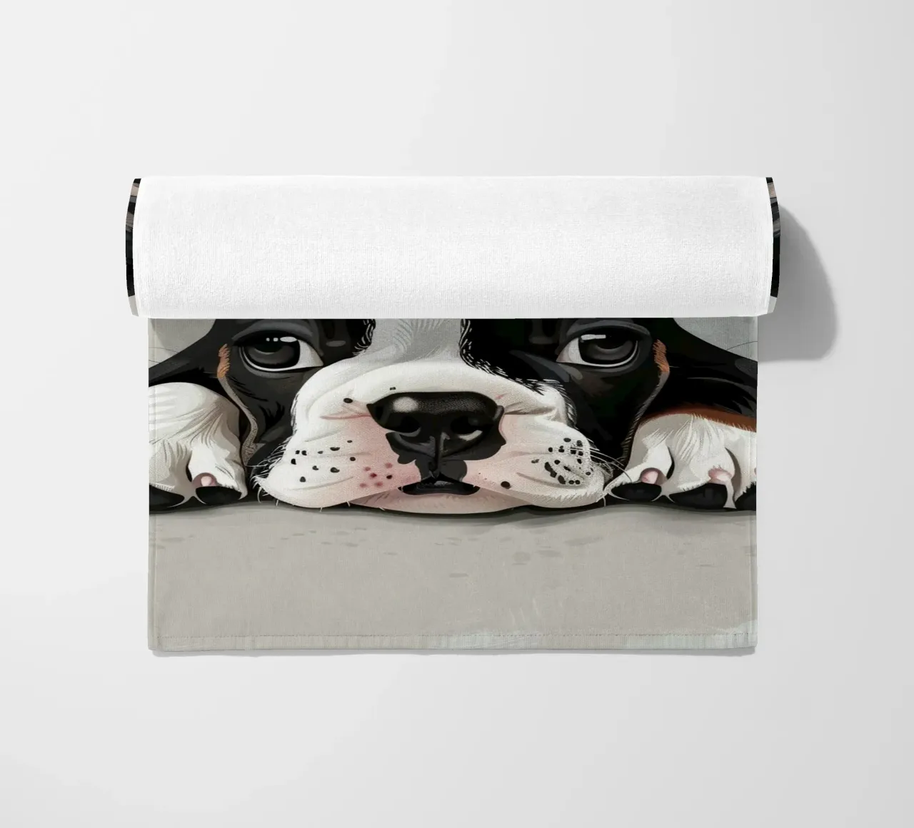 A Bulldog Puppy Resting with Soft Eyes and a Calm Expression beach towel by DesignDoodle