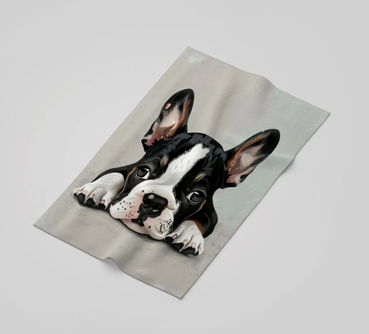 A Bulldog Puppy Resting with Soft Eyes and a Calm Expression beach towel by DesignDoodle