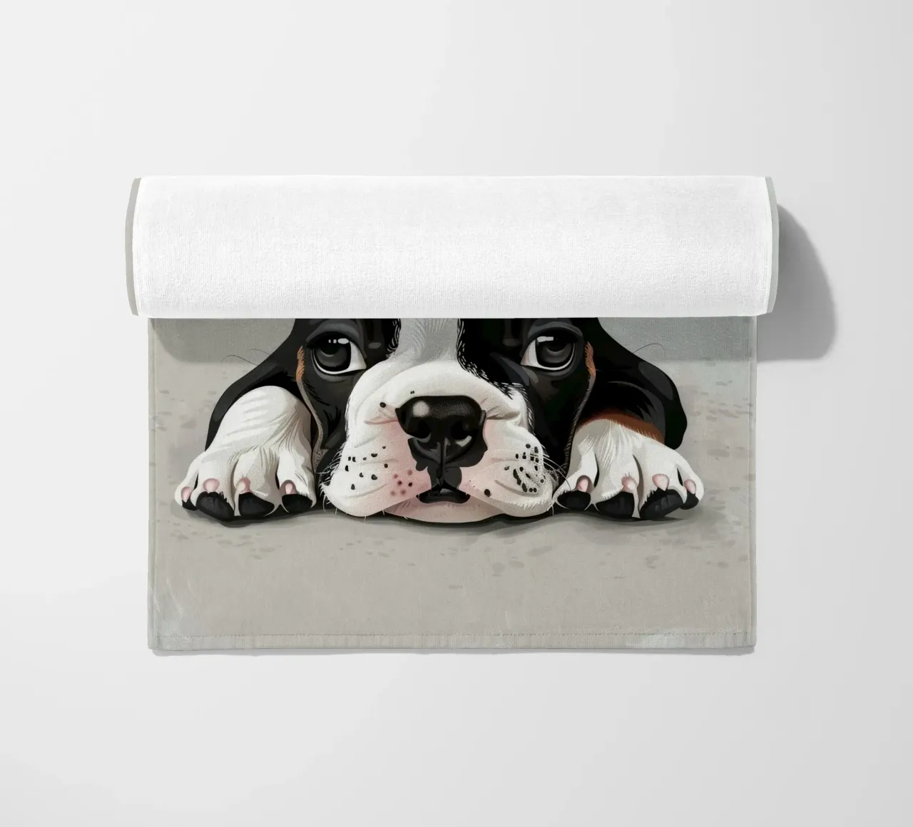 A Bulldog Puppy Resting with Soft Eyes and a Calm Expression beach towel by DesignDoodle