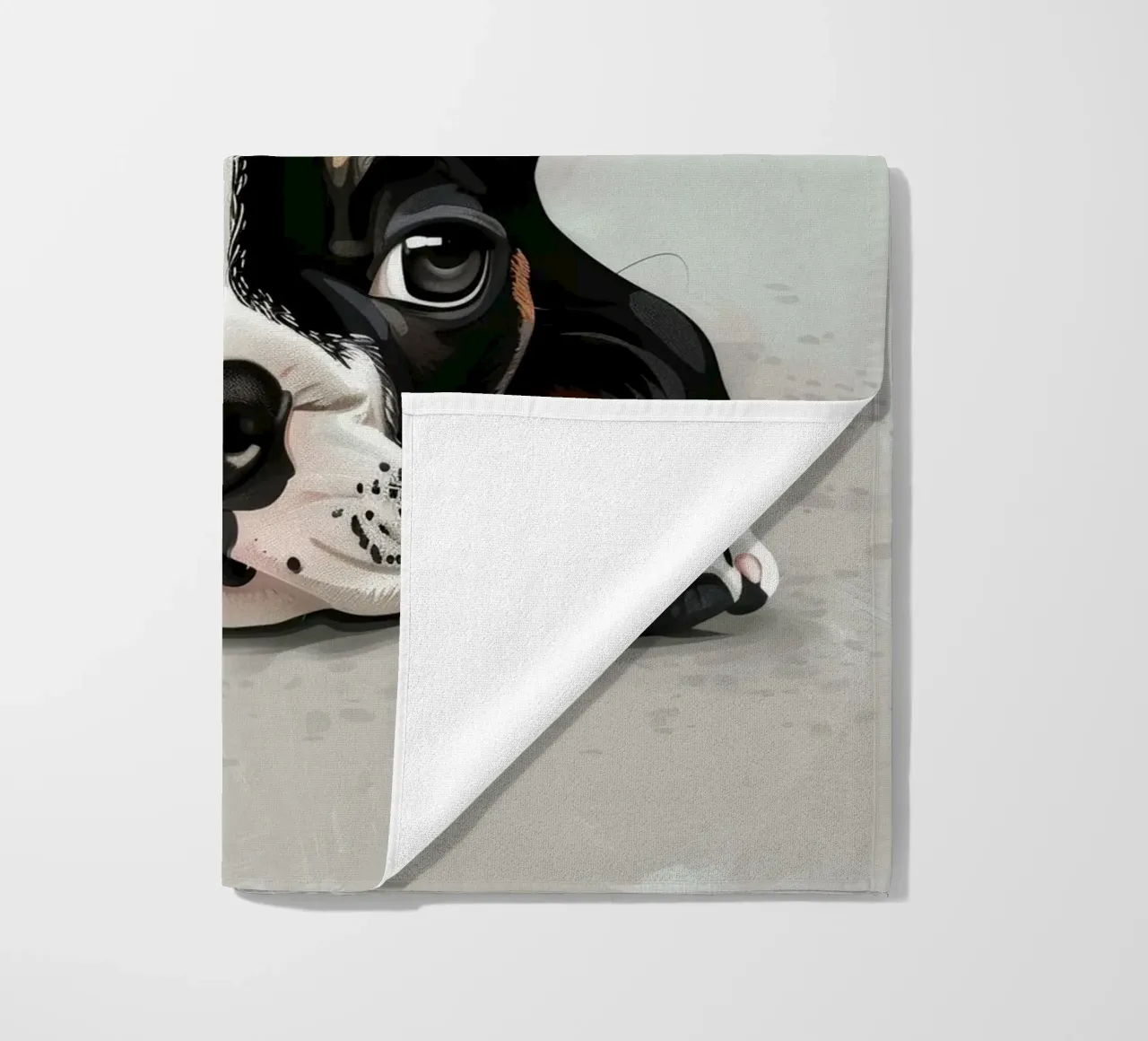 A Bulldog Puppy Resting with Soft Eyes and a Calm Expression beach towel by DesignDoodle