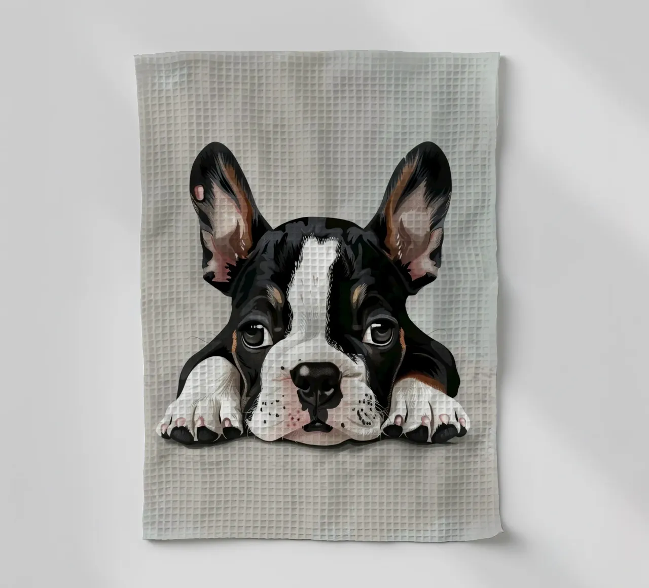 Un chiot bouledogue se reposant avec des yeux doux et une expression calme torchon de DesignDoodle