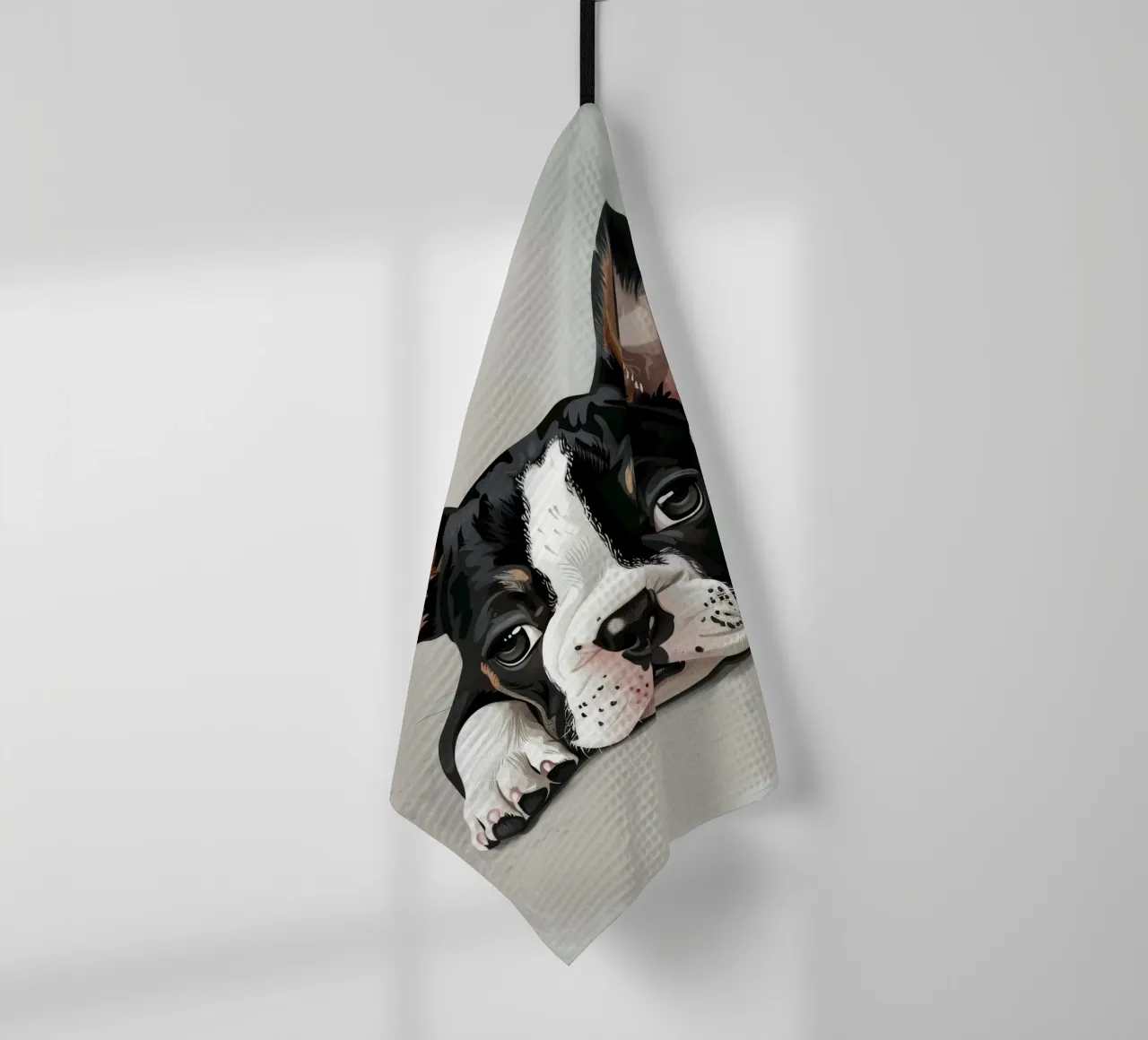 Un chiot bouledogue se reposant avec des yeux doux et une expression calme torchon de DesignDoodle