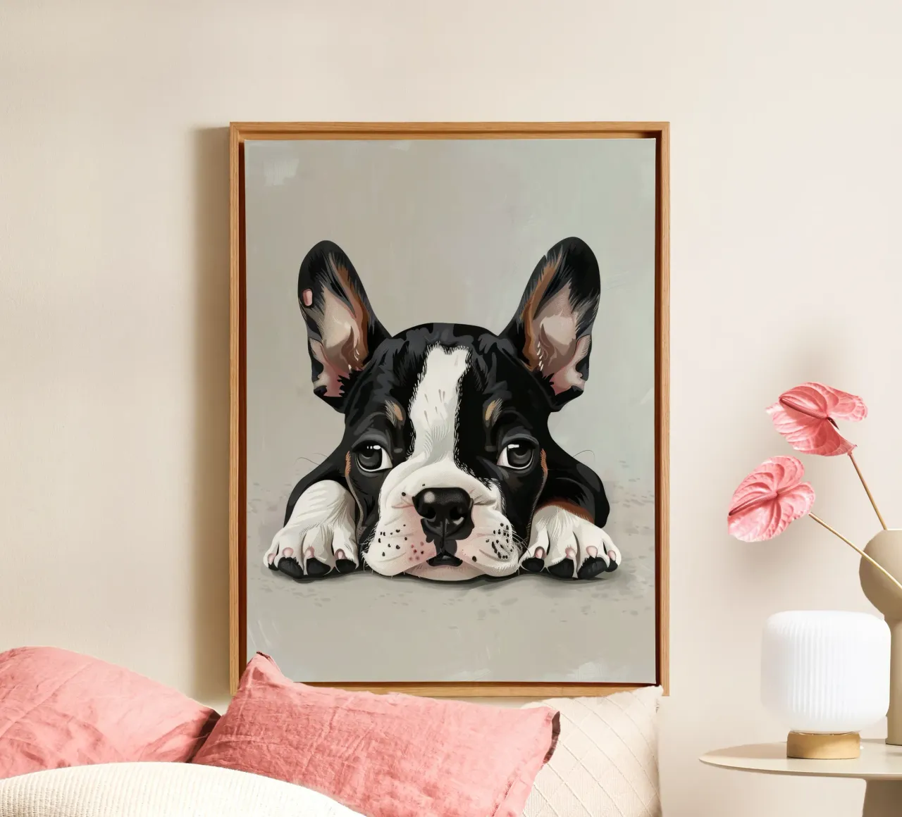 Un cucciolo di bulldog che riposa con gli occhi dolci e l'espressione tranquilla tela con Cornice a cassetta da DesignDoodle