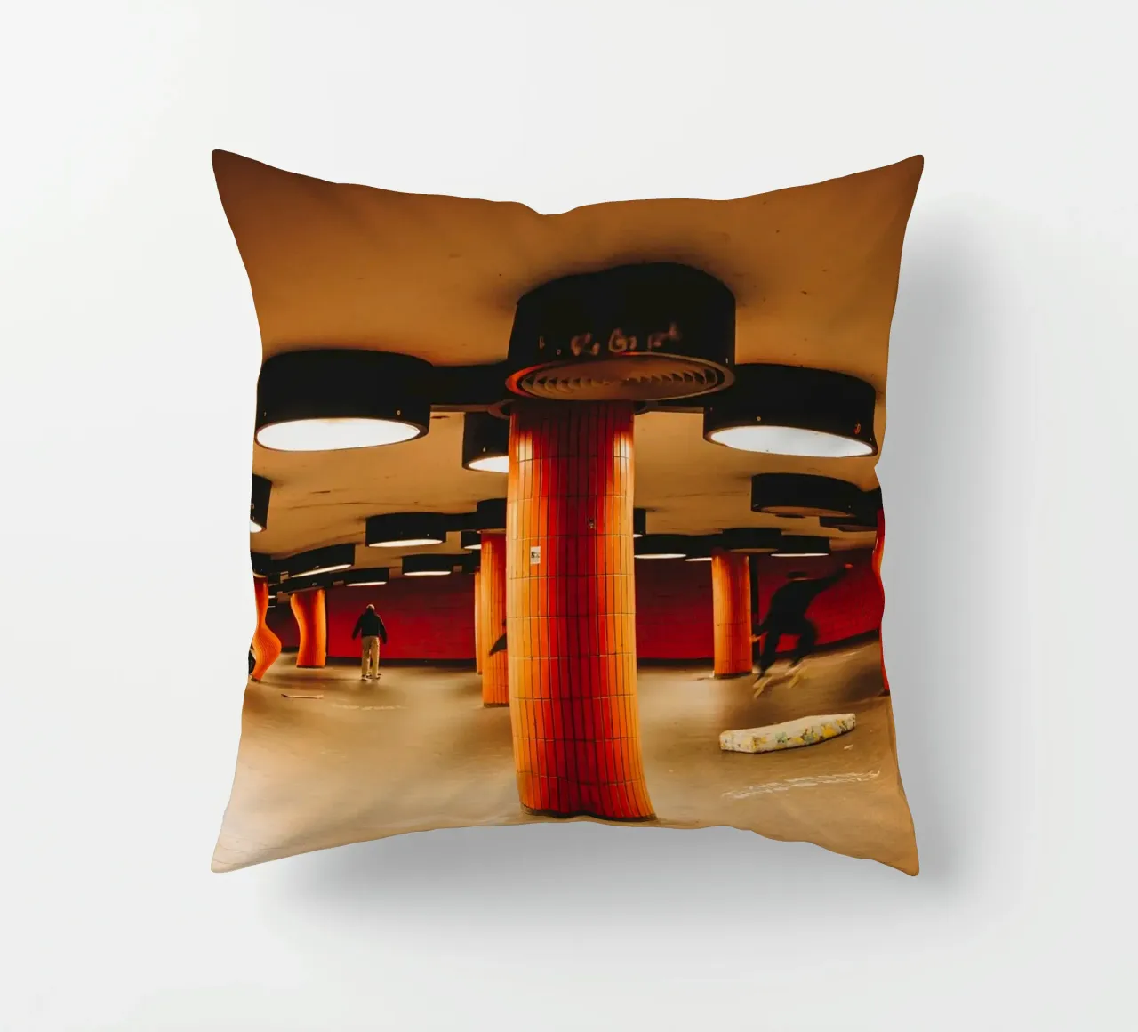 Berlin Underground Metro City Tunnel with skateboarders decorative cushion by Bold and Retro