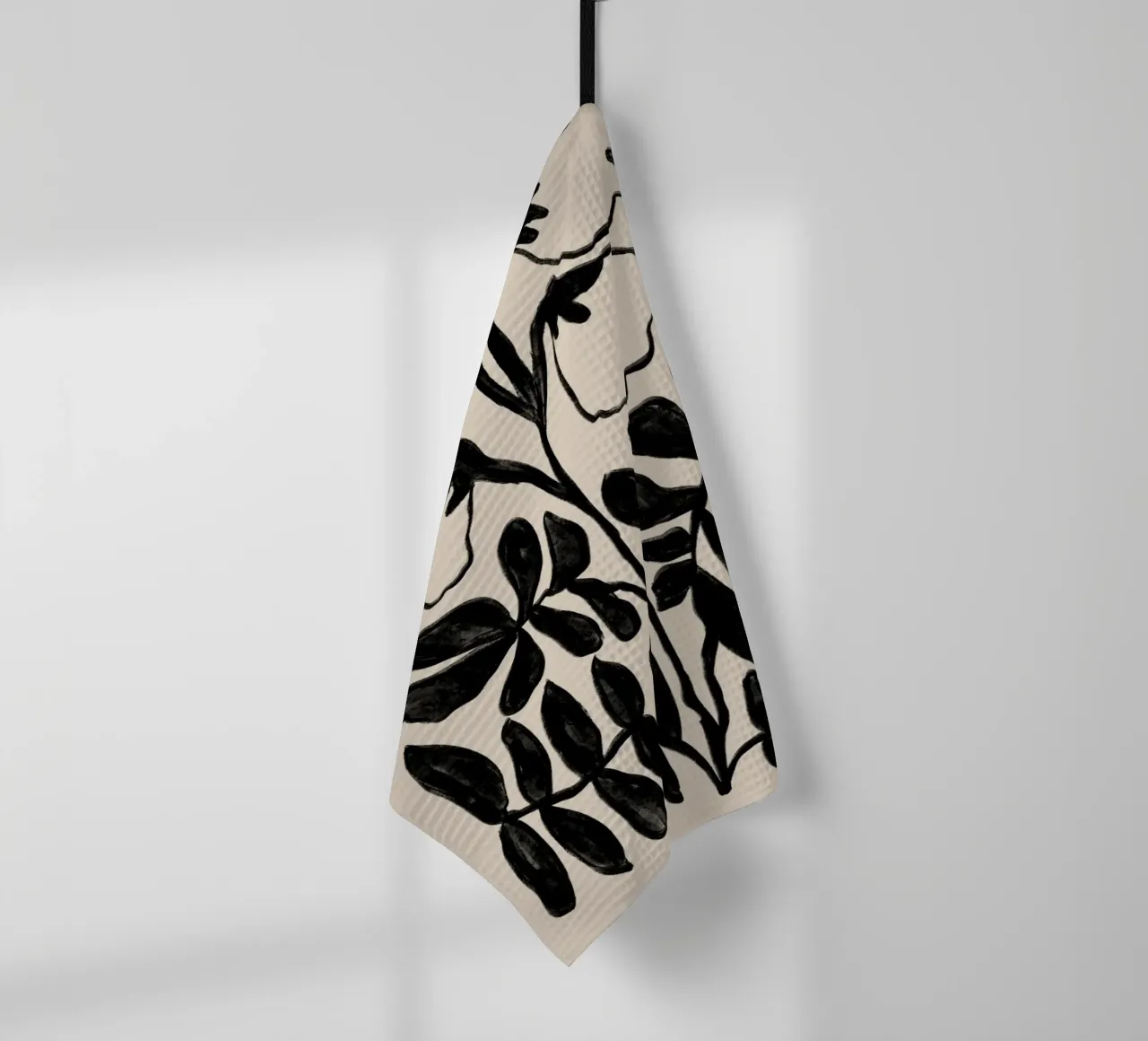 Floreale nero astratto su beige canovaccio da cucina da Melloi Art Print