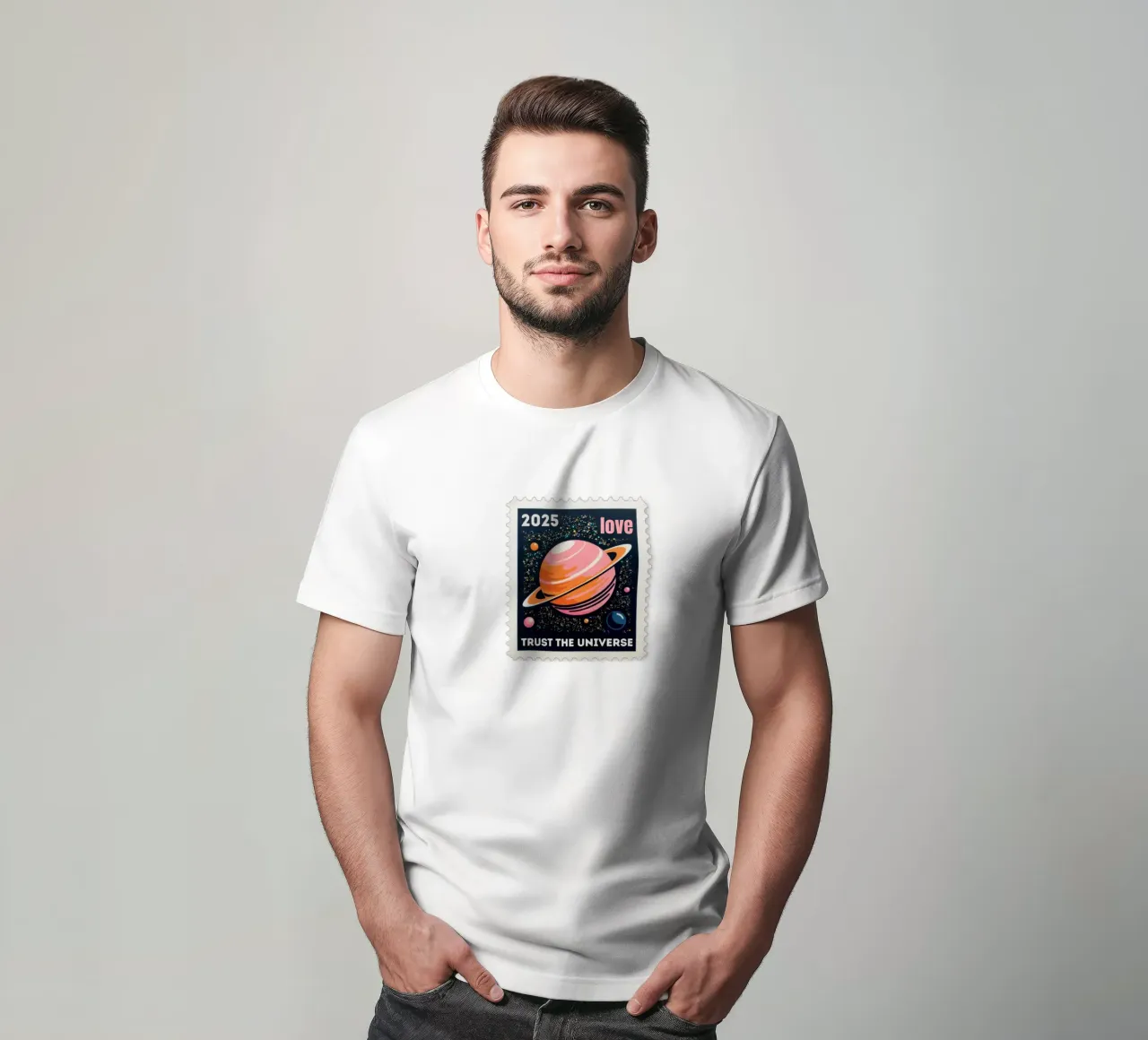 trust the universe briefmarke t-shirt da fummelhummel