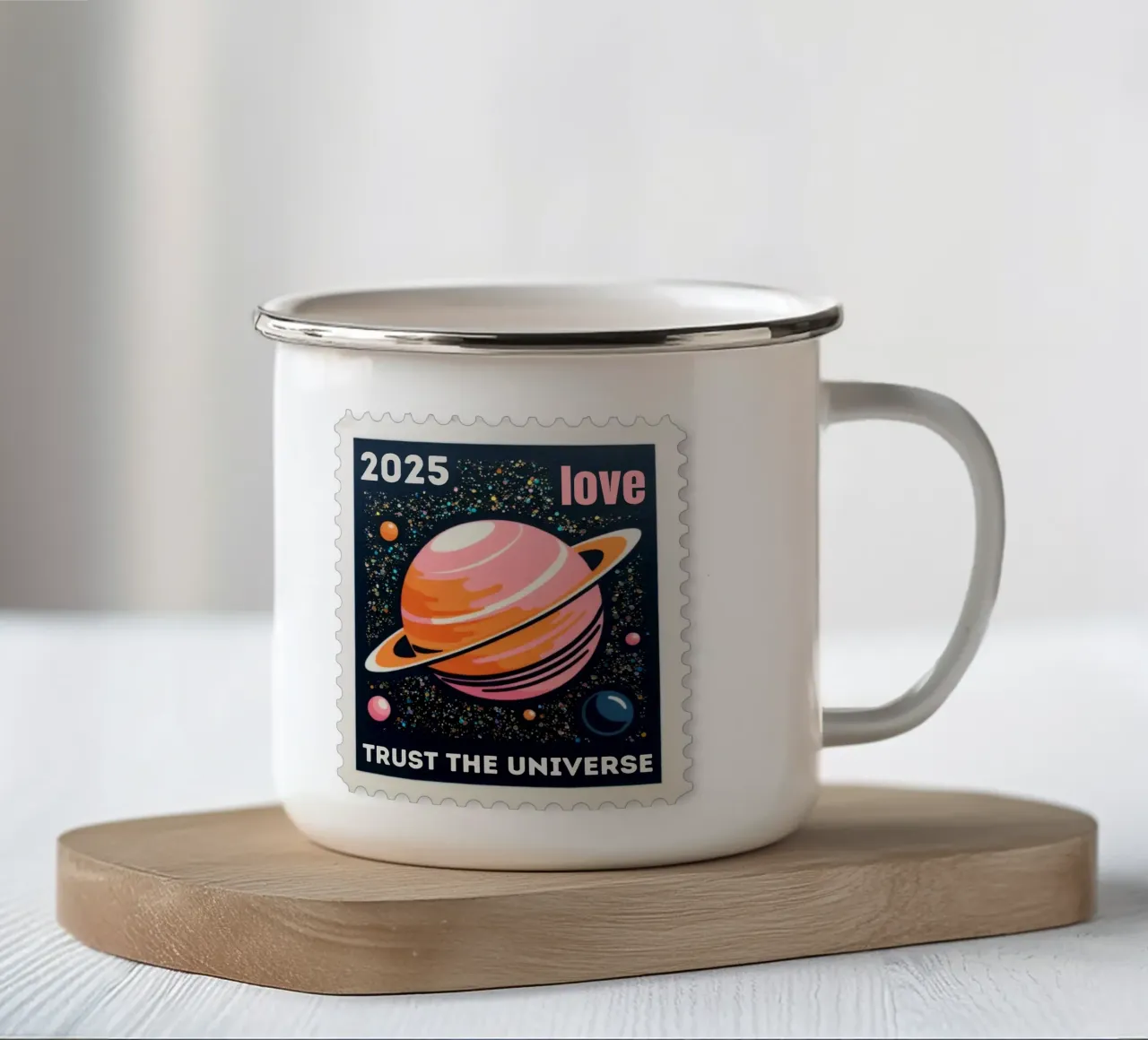 trust the universe briefmarke tazza in smalto da fummelhummel