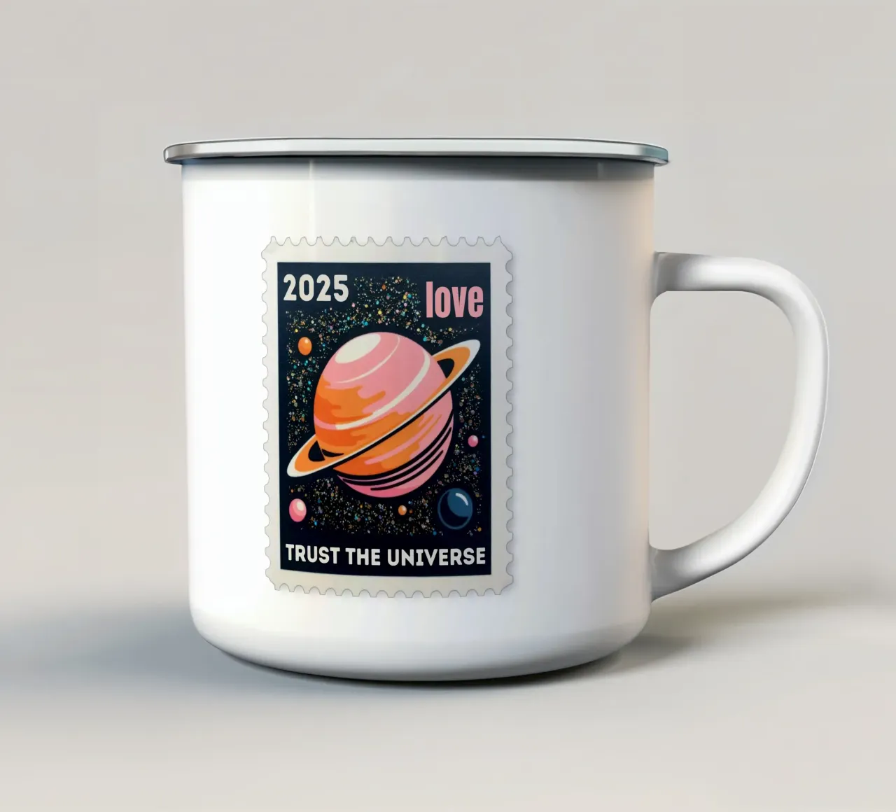 trust the universe briefmarke tazza in smalto da fummelhummel