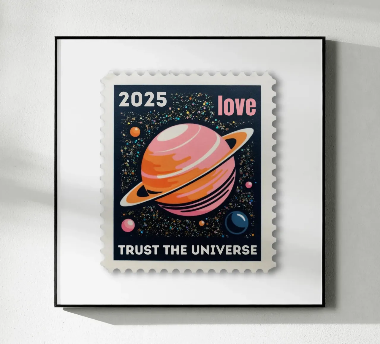 trust the universe briefmarke plexiglass da fummelhummel