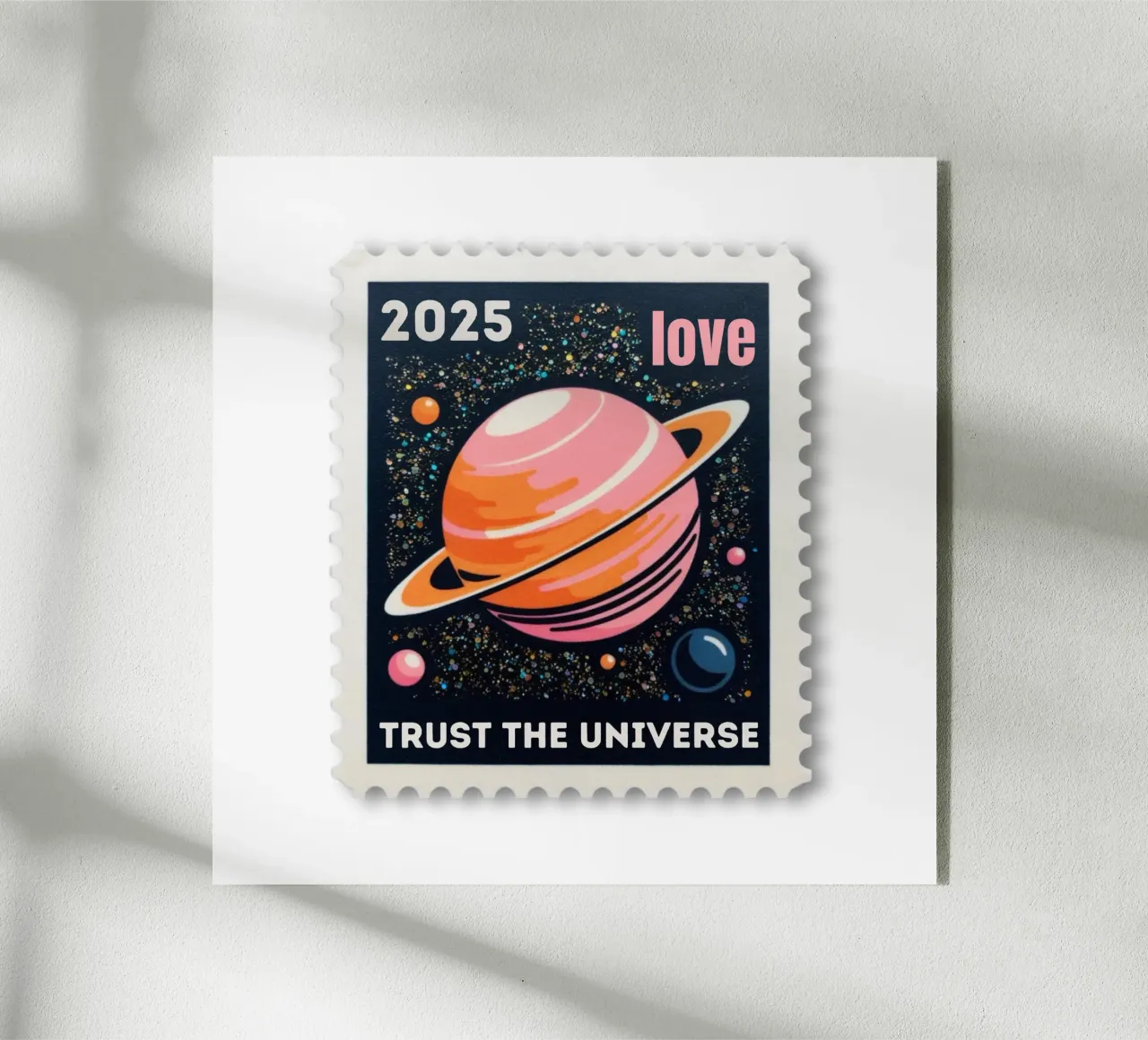 trust the universe briefmarke plexiglass da fummelhummel