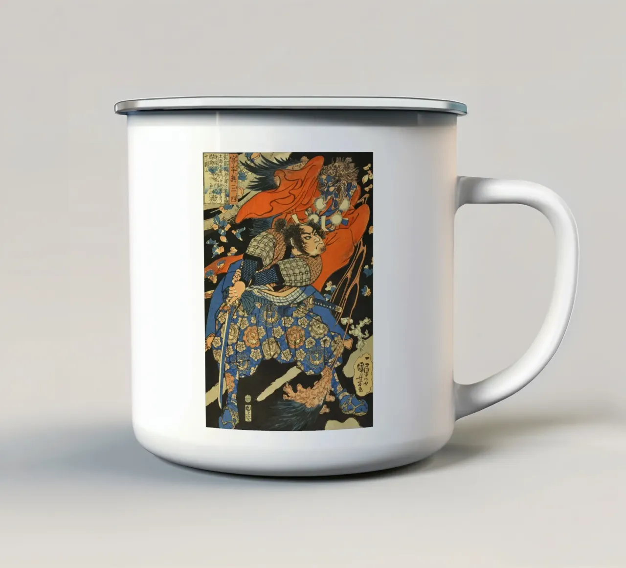 Samurai Fighting Tengu Demon - Vintage Japanese Ukiyo-e enamel mug by Masterpieces Of Japanese Art