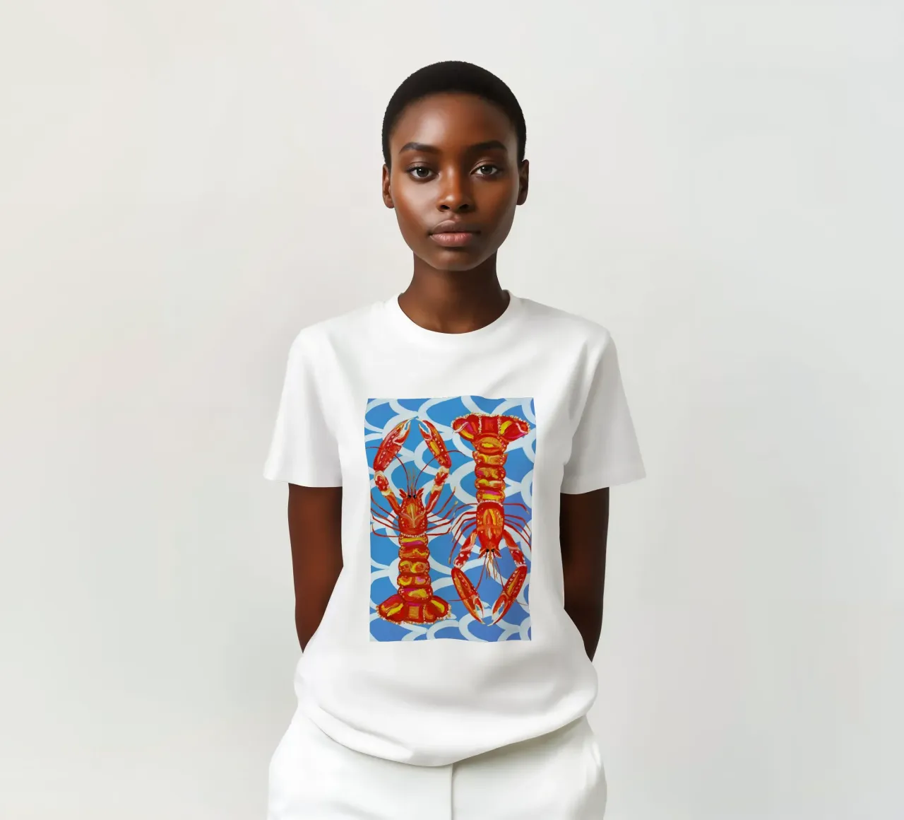 Langoustines On Blue Wavey t-shirt by Alice Straker