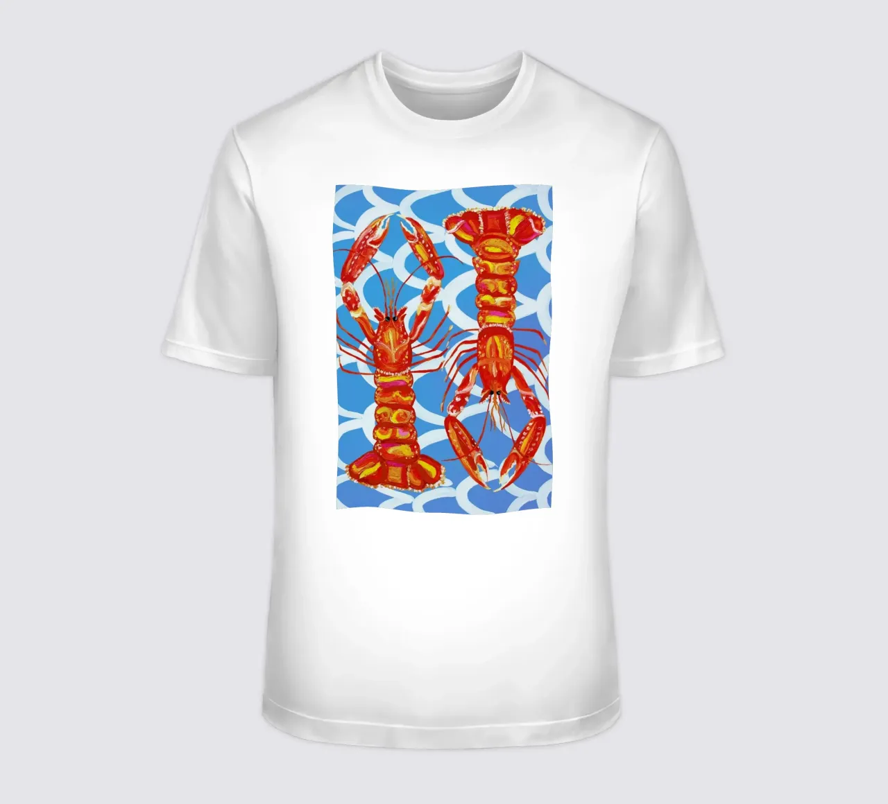 Langoustines On Blue Wavey t-shirt by Alice Straker