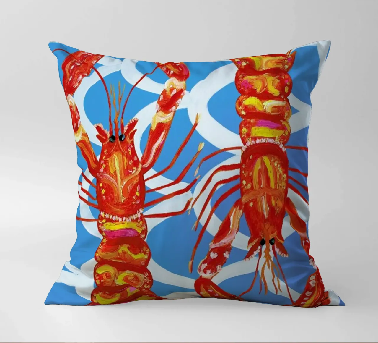 Langoustines On Blue Wavey decorative cushion by Alice Straker