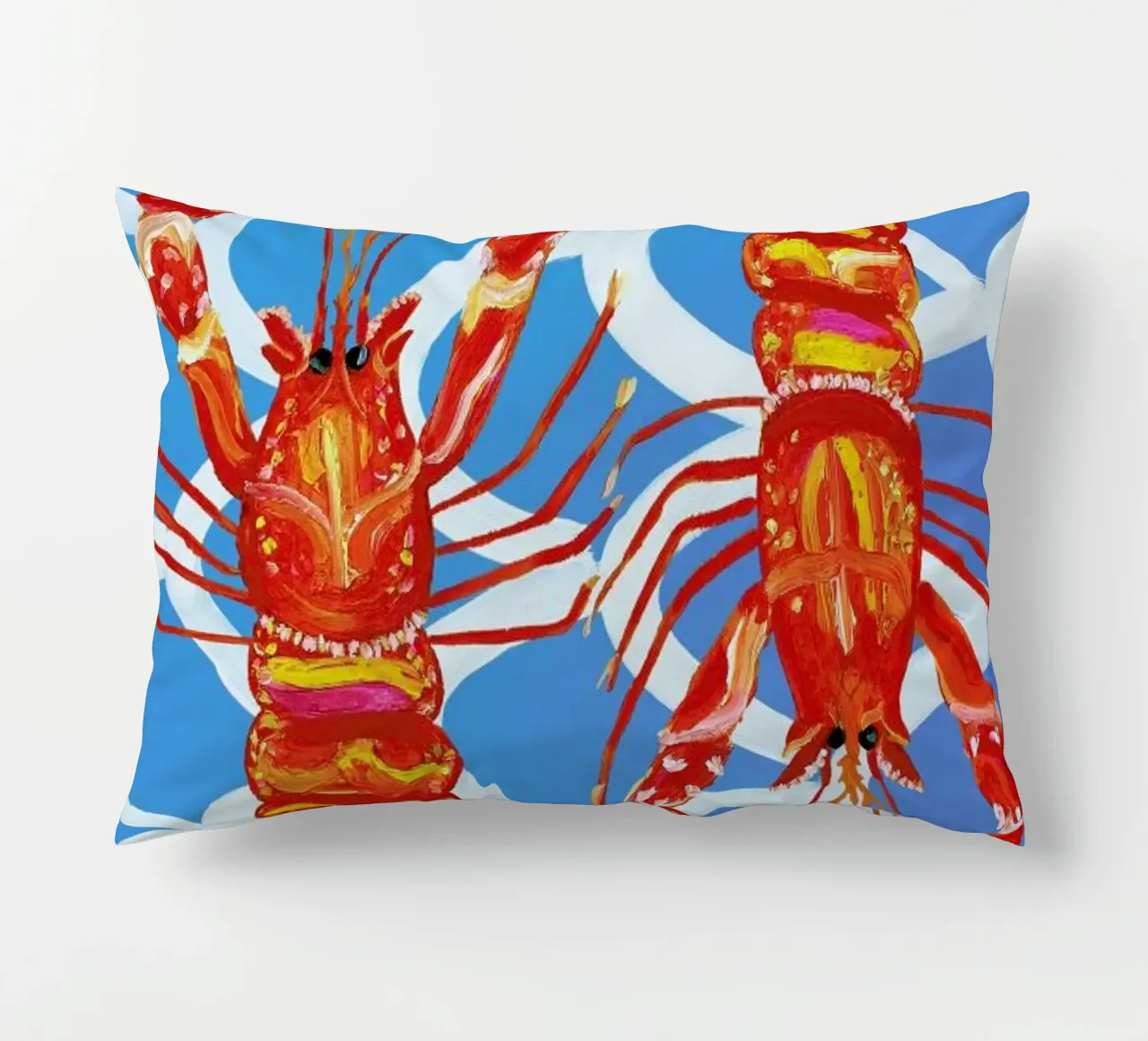 Langoustines On Blue Wavey decorative cushion by Alice Straker
