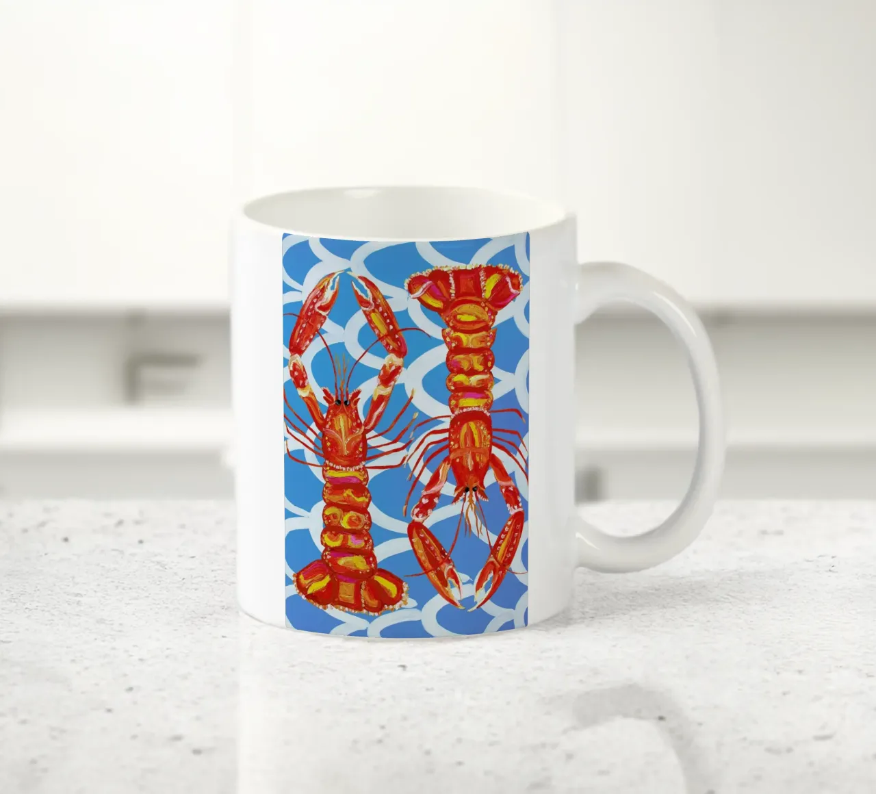 Langoustines On Blue Wavey ceramic mug by Alice Straker
