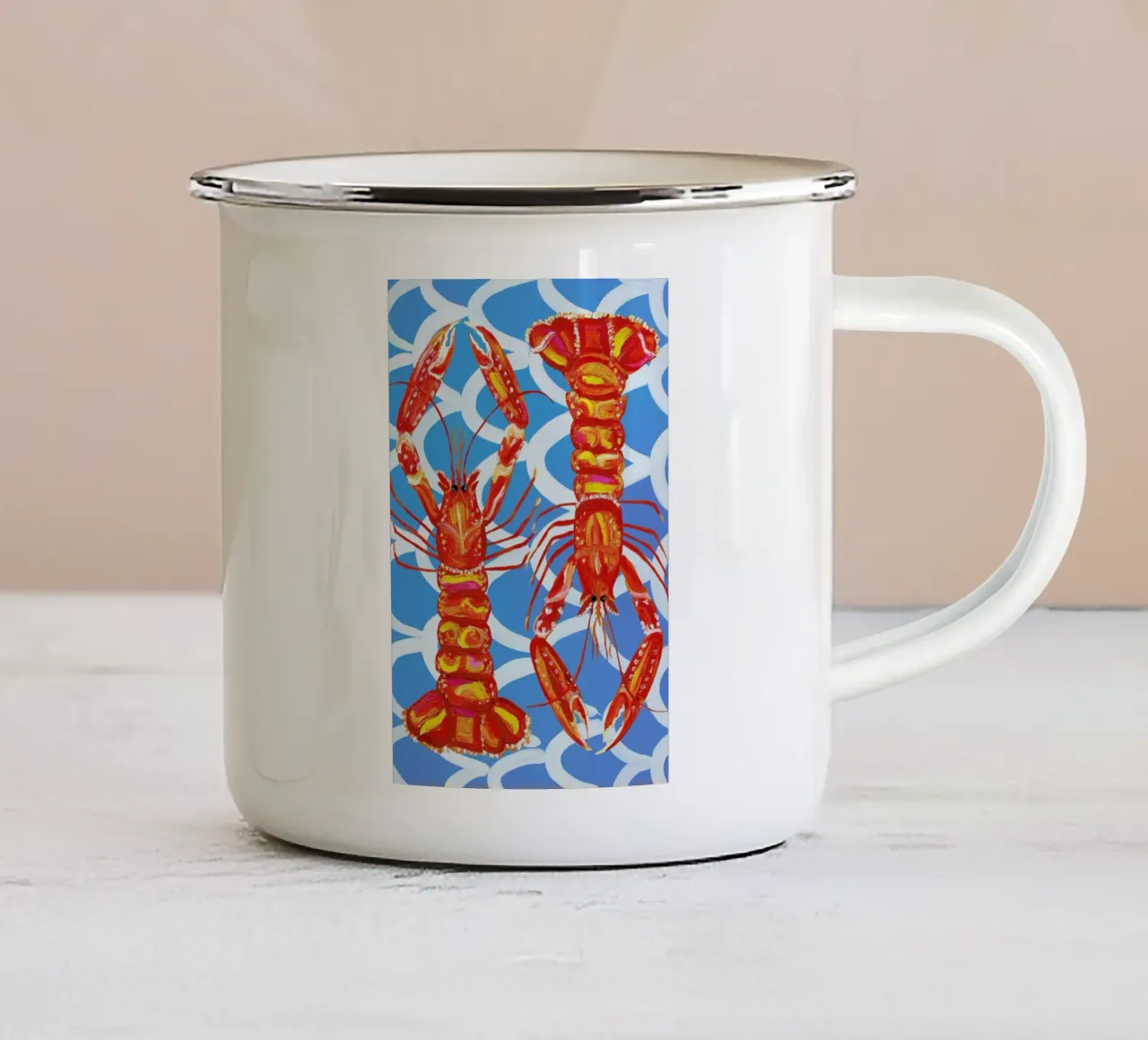 Langoustines On Blue Wavey tazza in smalto da Alice Straker