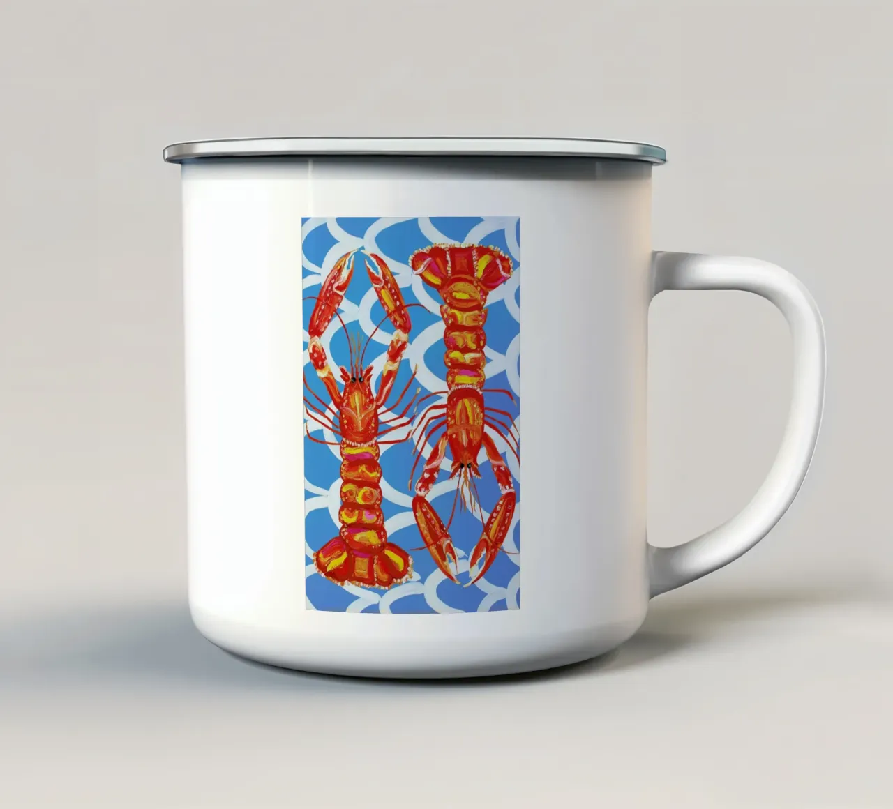 Langoustines On Blue Wavey tazza in smalto da Alice Straker