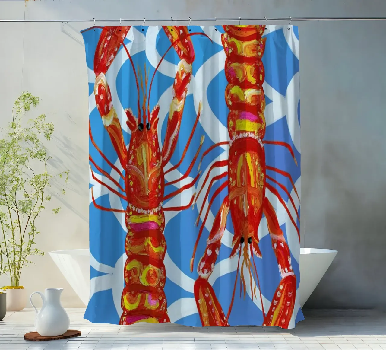 Langoustines On Blue Wavey shower curtain by Alice Straker