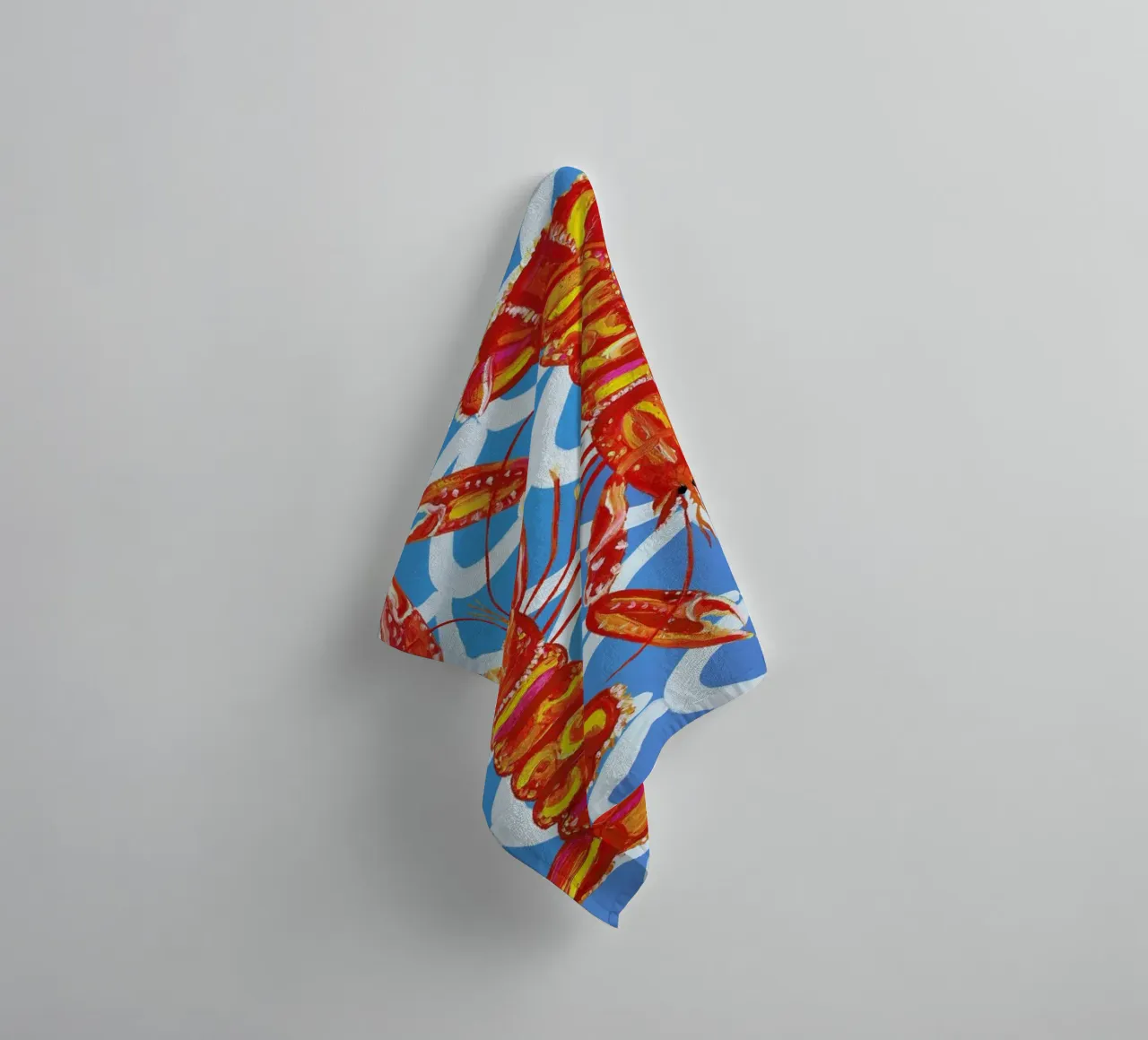 Langoustines On Blue Wavey towel by Alice Straker