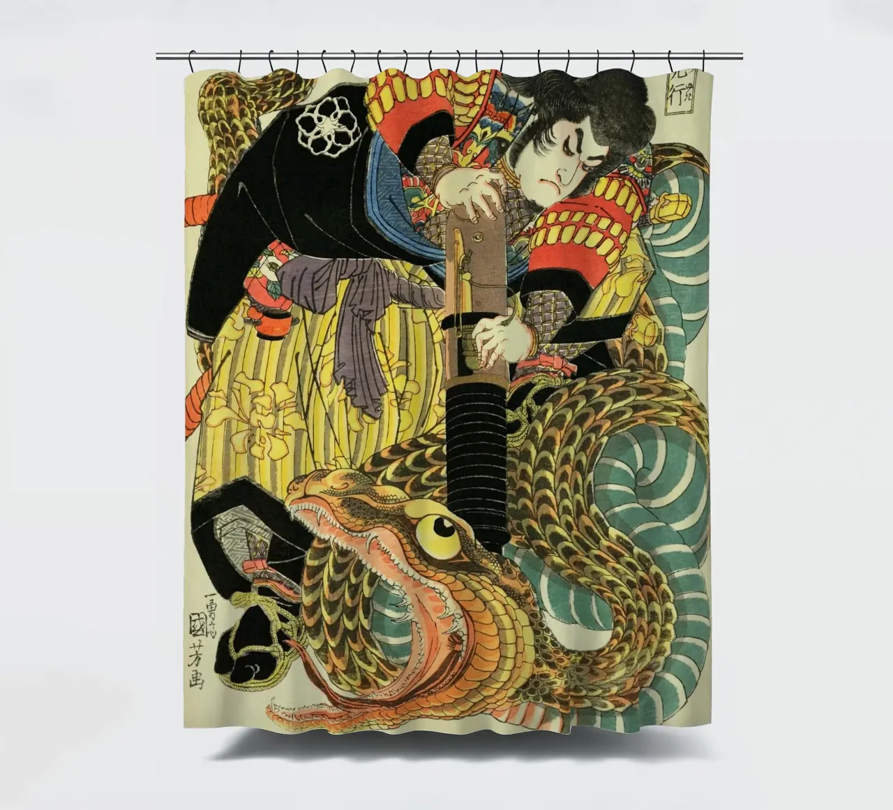 Samurai Fighting Giant Snake - Vintage Japanese Ukiyo-e shower curtain by Masterpieces Of Japanese Art