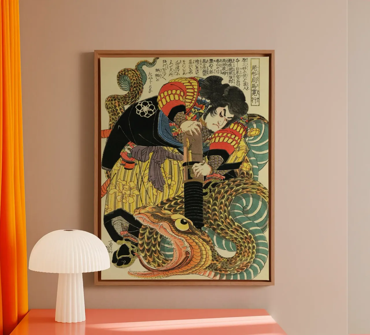 Samurai che combatte contro un serpente gigante - Ukiyo-e giapponese d'epoca tela da Masterpieces Of Japanese Art