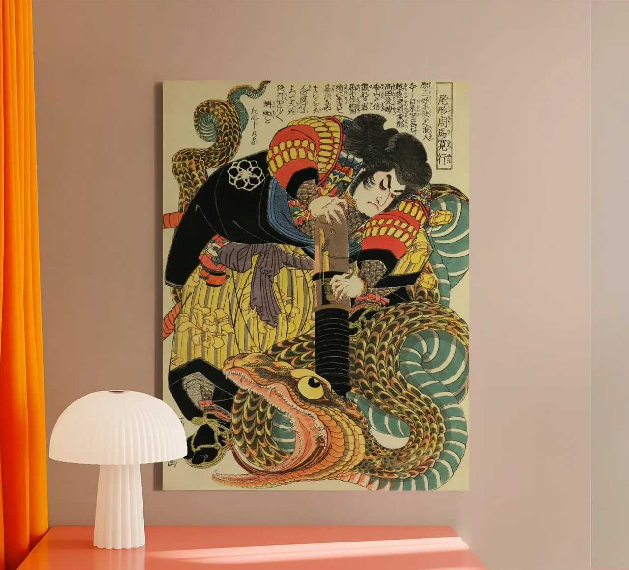 Samurai che combatte contro un serpente gigante - Ukiyo-e giapponese d'epoca tela da Masterpieces Of Japanese Art