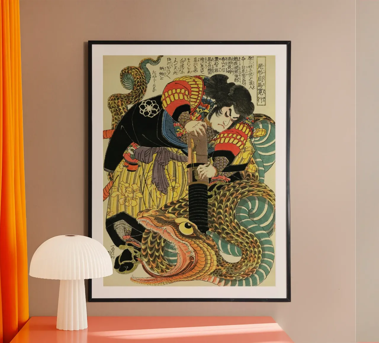 Samouraï combattant un serpent géant - Ukiyo-e japonais d'époque hahnemühle de Masterpieces Of Japanese Art