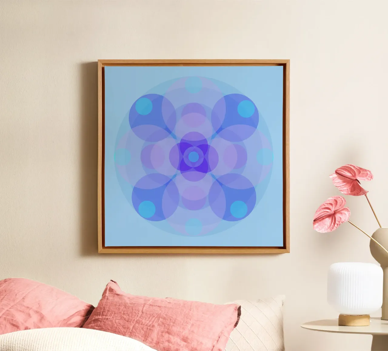 Blauw-paarse retro gebloemde abstracte mandala canvas met Baklijst van Lilou Art