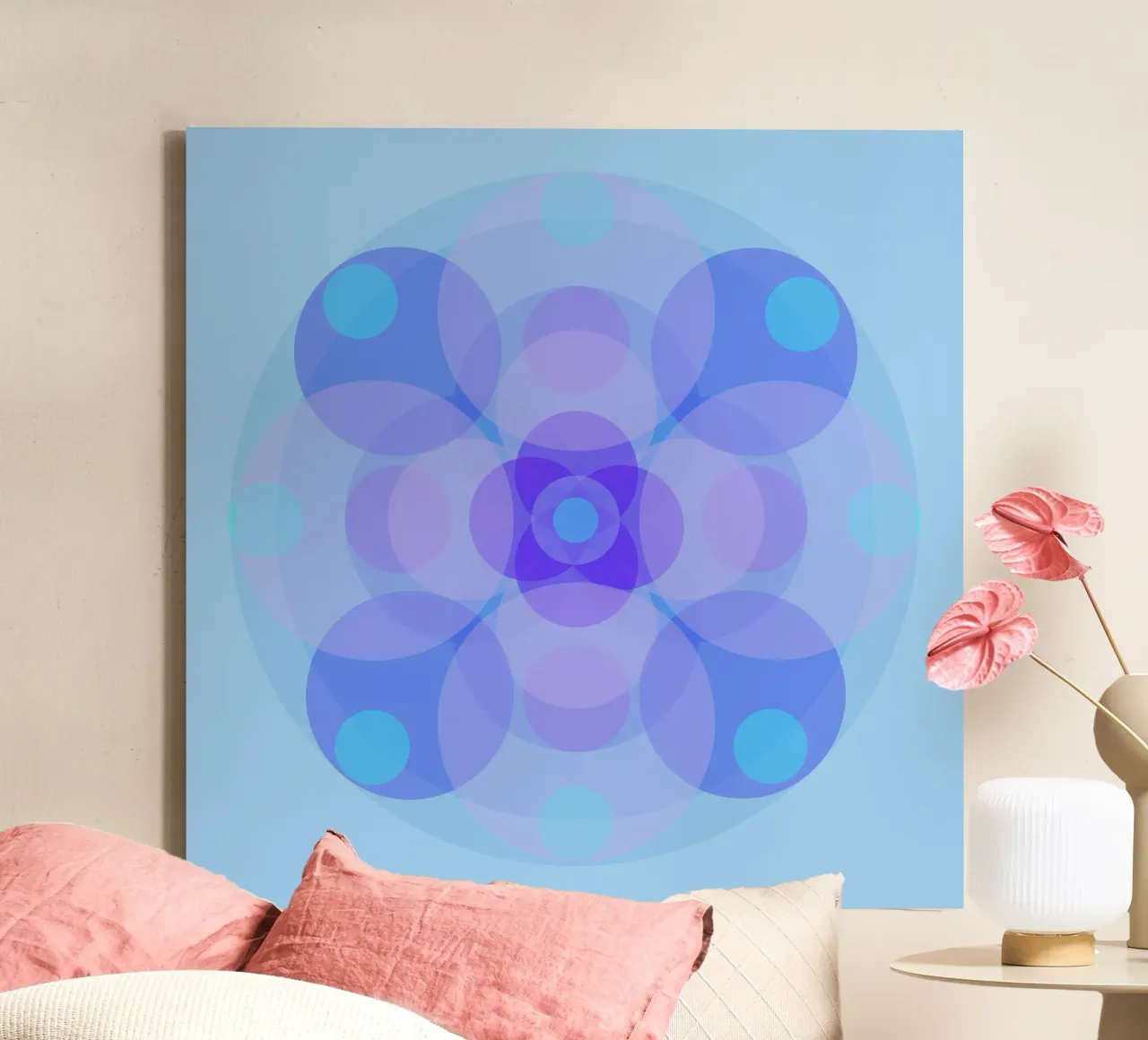 Blauw-paarse retro gebloemde abstracte mandala canvas met Baklijst van Lilou Art
