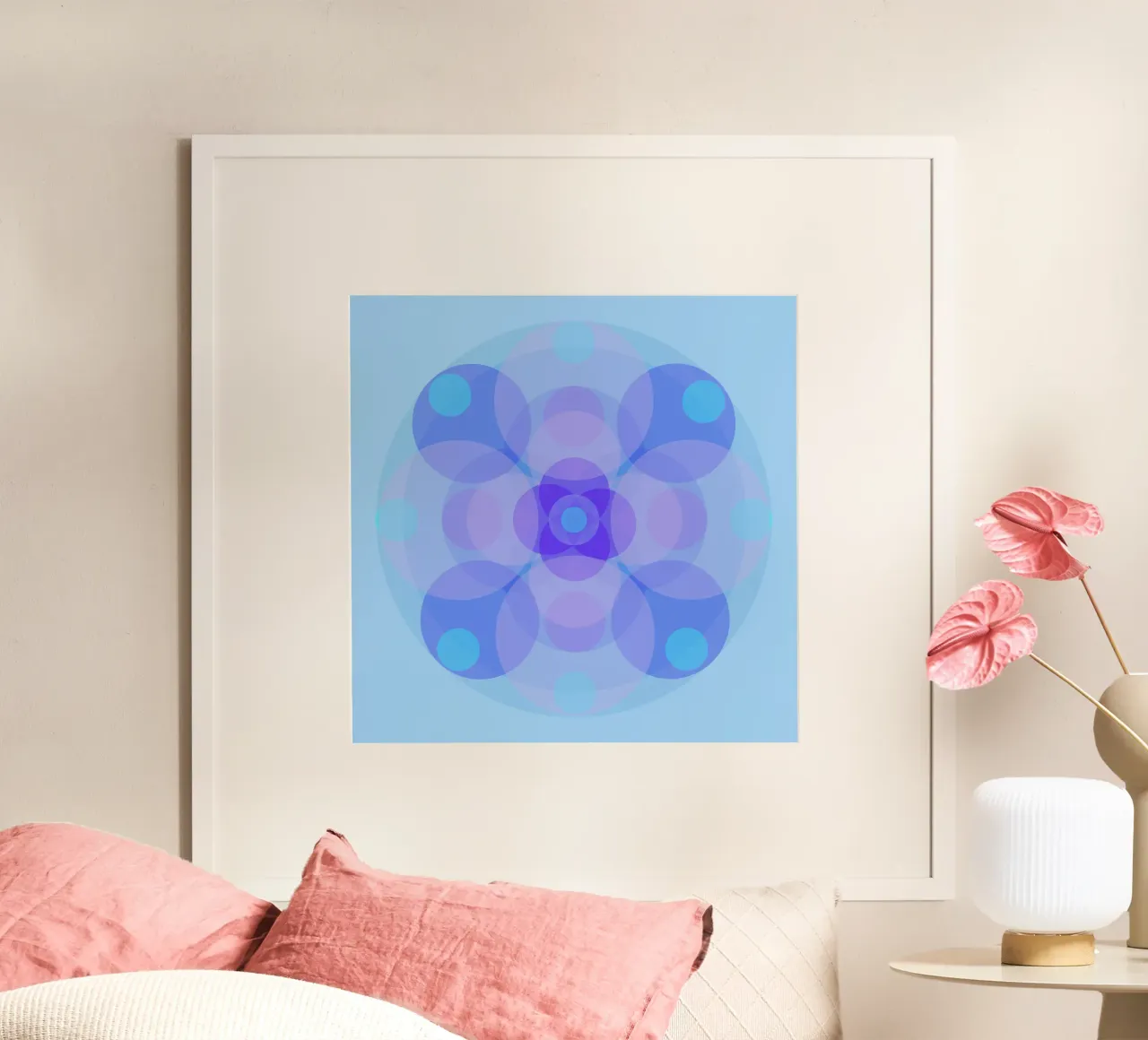 Mandala astratto floreale retrò blu-viola poster con telaio in legno da Lilou Art