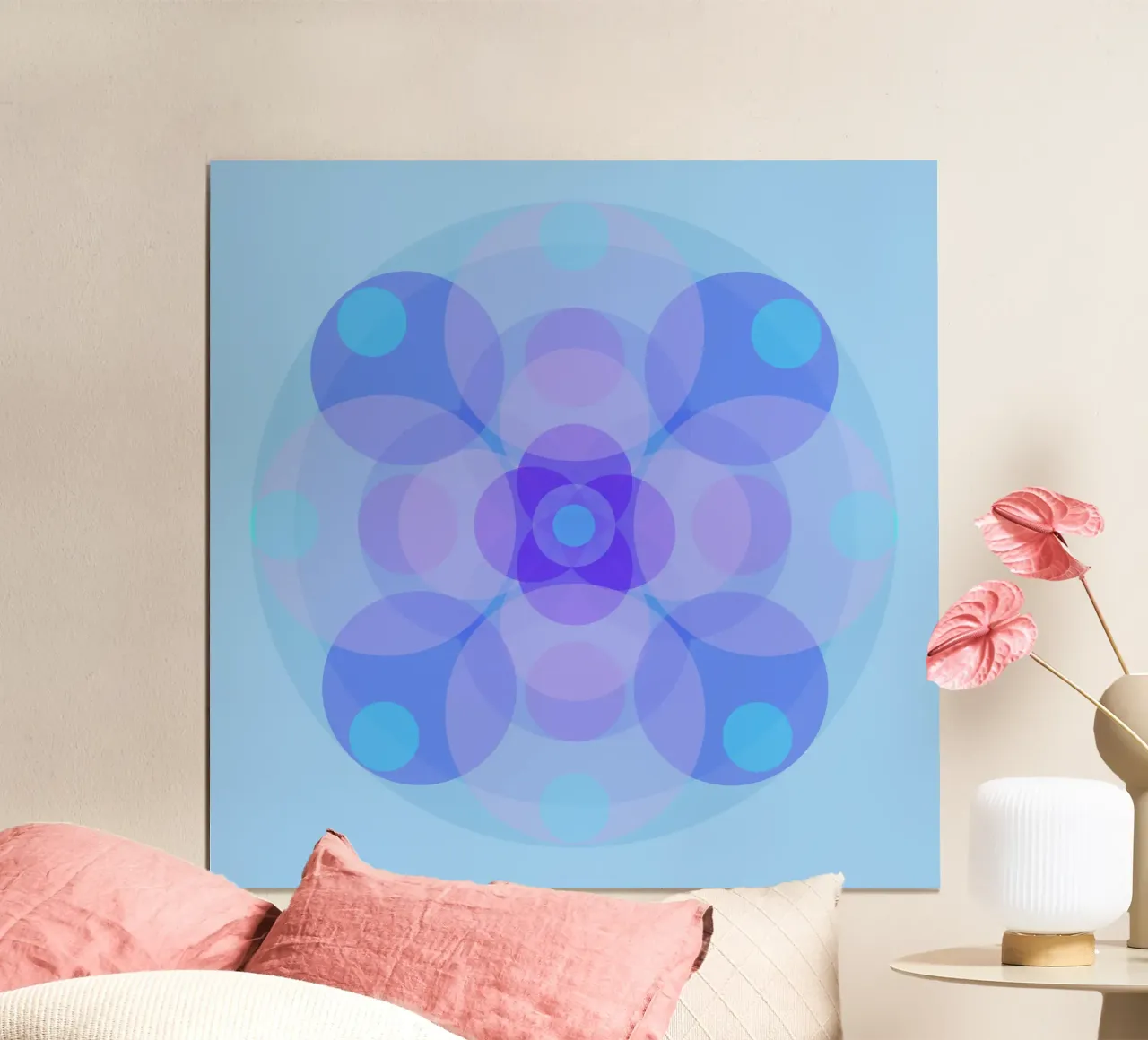 Mandala astratto floreale retrò blu-viola poster con telaio in legno da Lilou Art