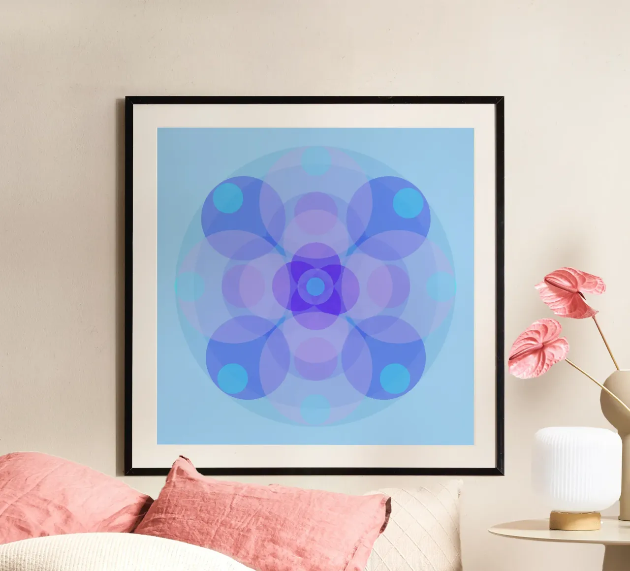 Mandala astratto floreale retrò blu-viola poster con telaio in legno da Lilou Art