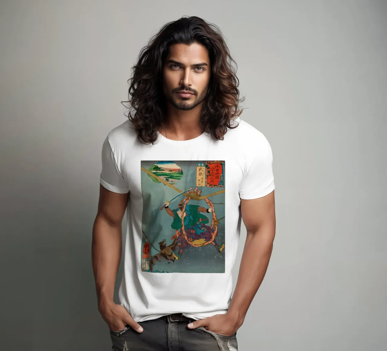 Samurai che combatte con un pipistrello gigante - Ukiyo-e giapponese d'epoca t-shirt da Masterpieces Of Japanese Art