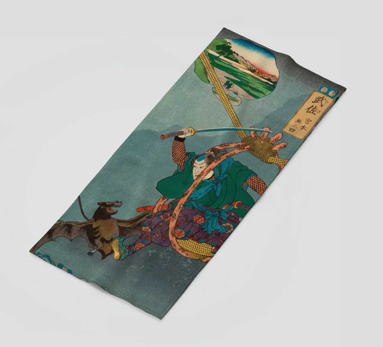 Samurai che combatte con un pipistrello gigante - Ukiyo-e giapponese d'epoca telo mare da Masterpieces Of Japanese Art