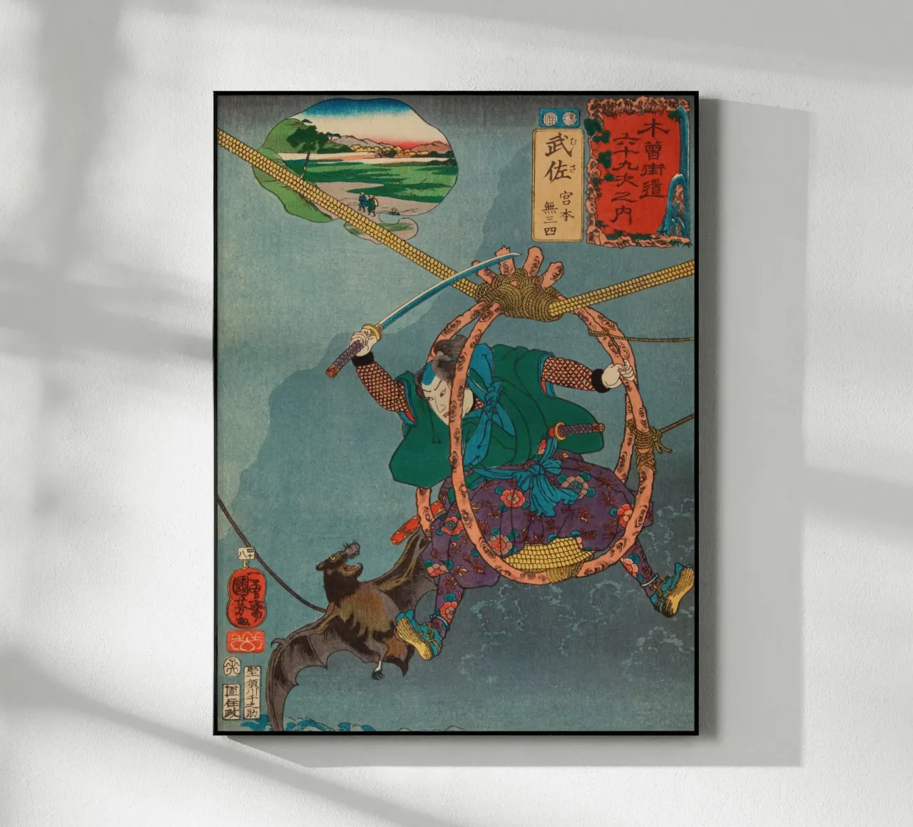 Samouraï combattant une chauve-souris géante - Ukiyo-e japonais d'époque plexiglas de Masterpieces Of Japanese Art
