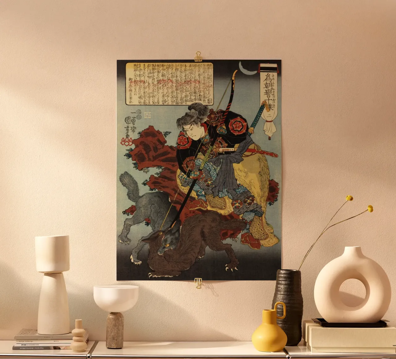 Samurai che guarda i coyote - Ukiyo-e giapponese d'epoca carta hahnemühle da Masterpieces Of Japanese Art