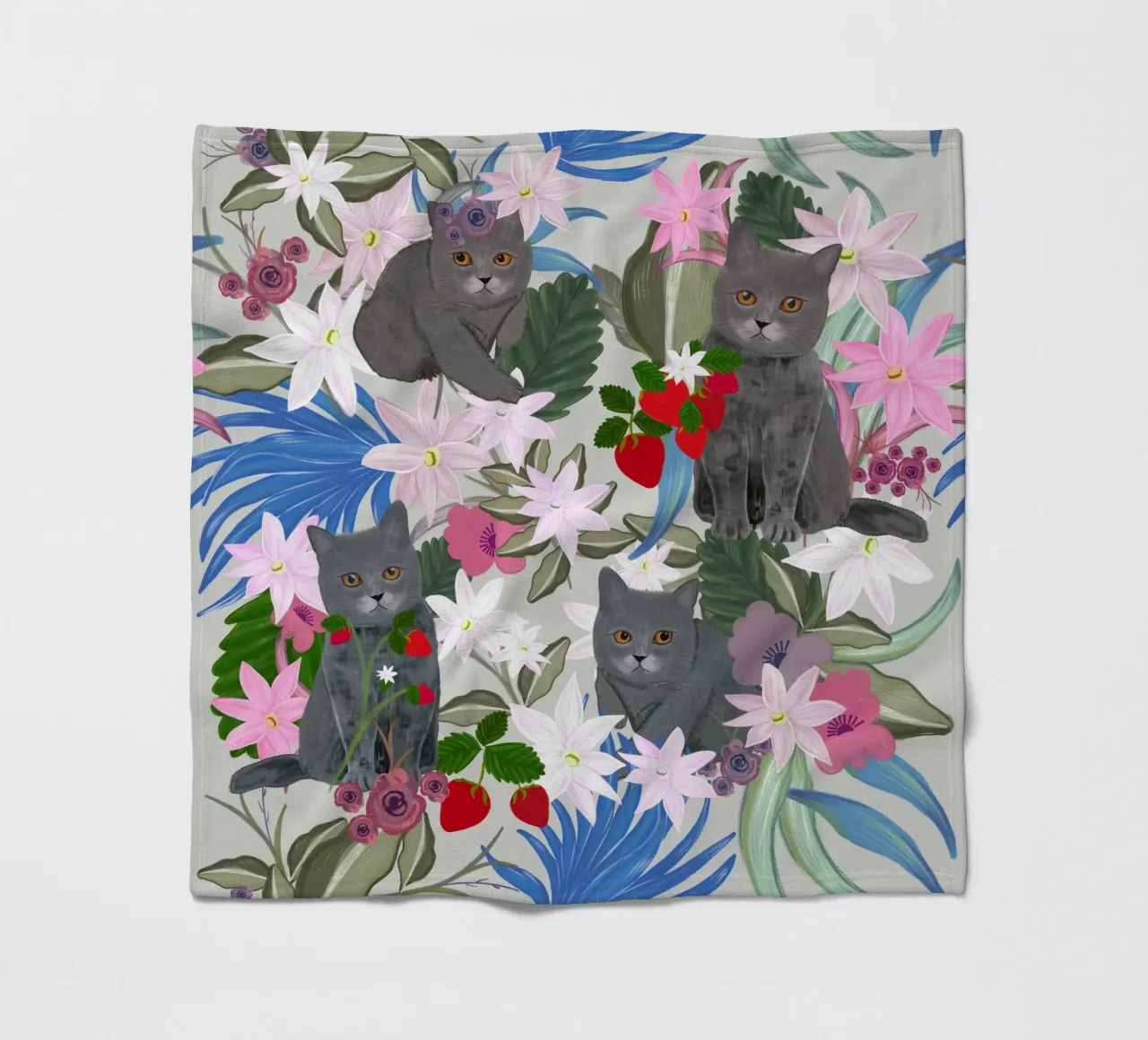 Gatto disegnato a mano con fragola e tropicale coperta in pile da gulsengunel