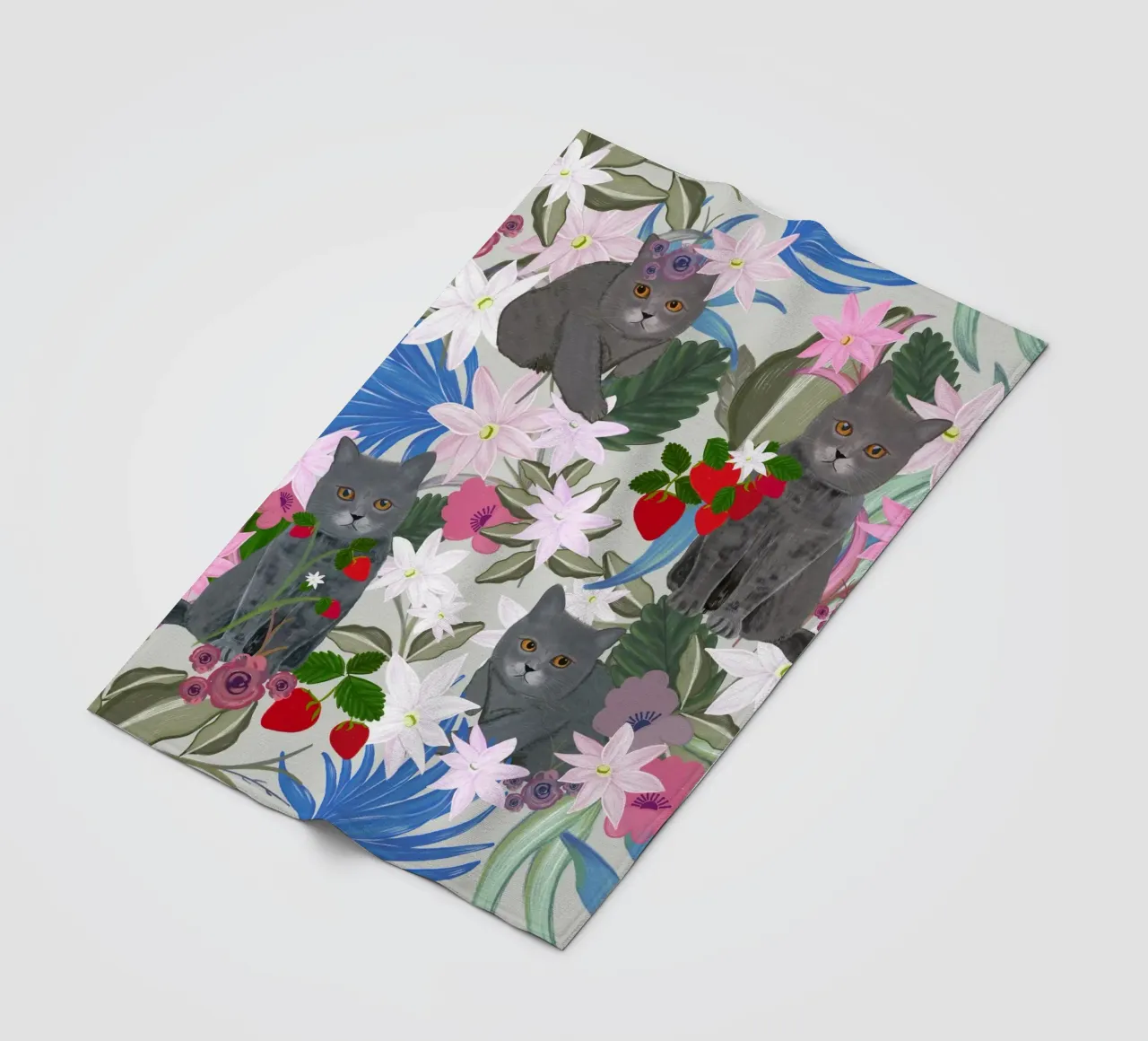 Gatto disegnato a mano con fragola e tropicale coperta in pile da gulsengunel