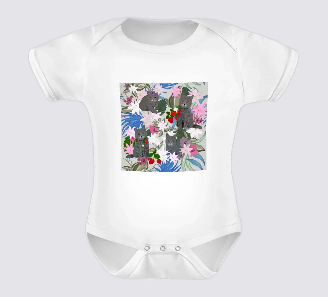 Hand gezeichnete Katze mit Erdbeere und tropischen Kurzarm Babybody von gulsengunel