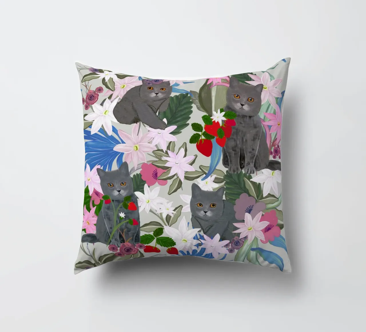 Gatto disegnato a mano con fragola e tropicale cuscino da gulsengunel