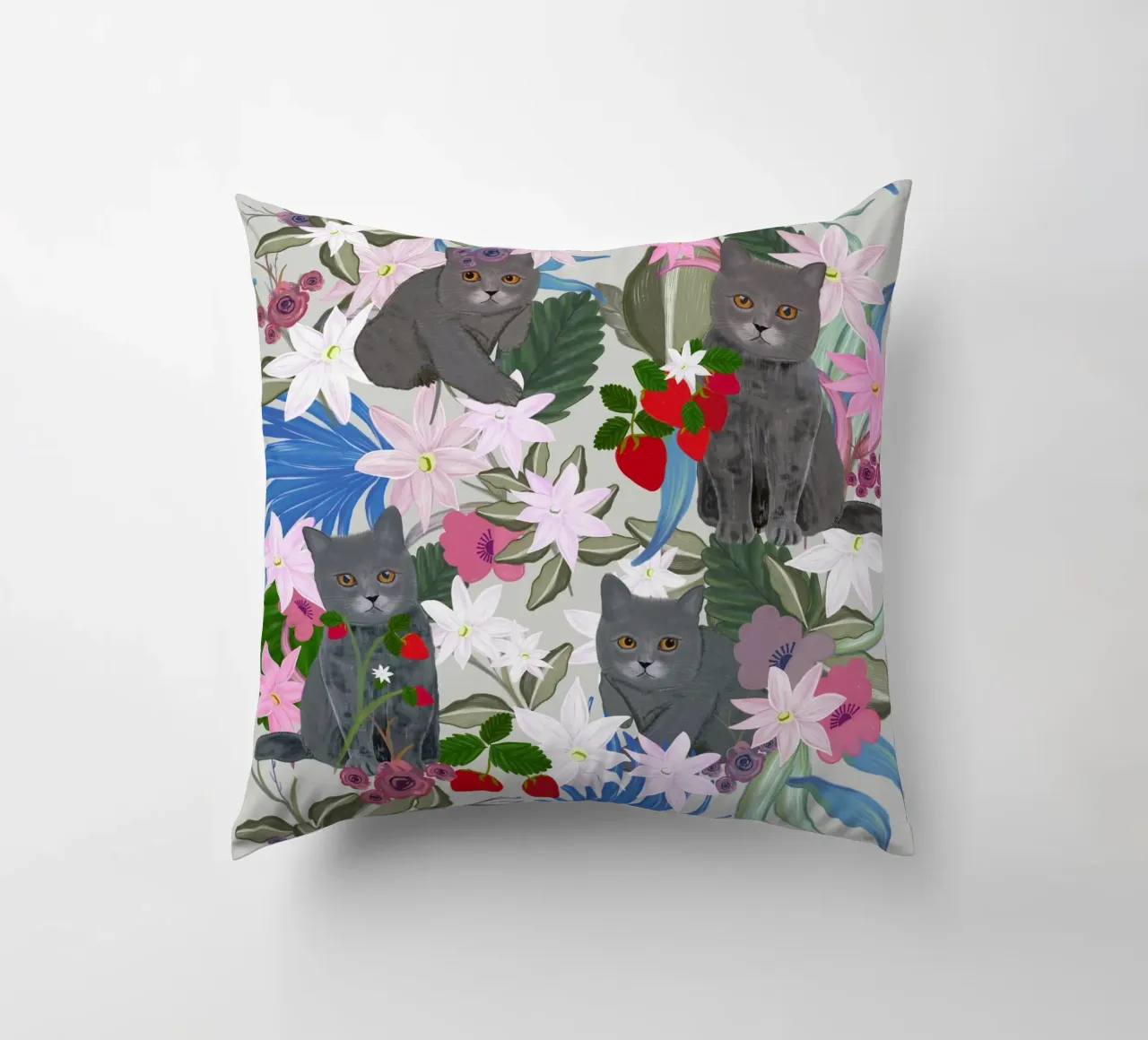 Gatto disegnato a mano con fragola e tropicale cuscino da gulsengunel