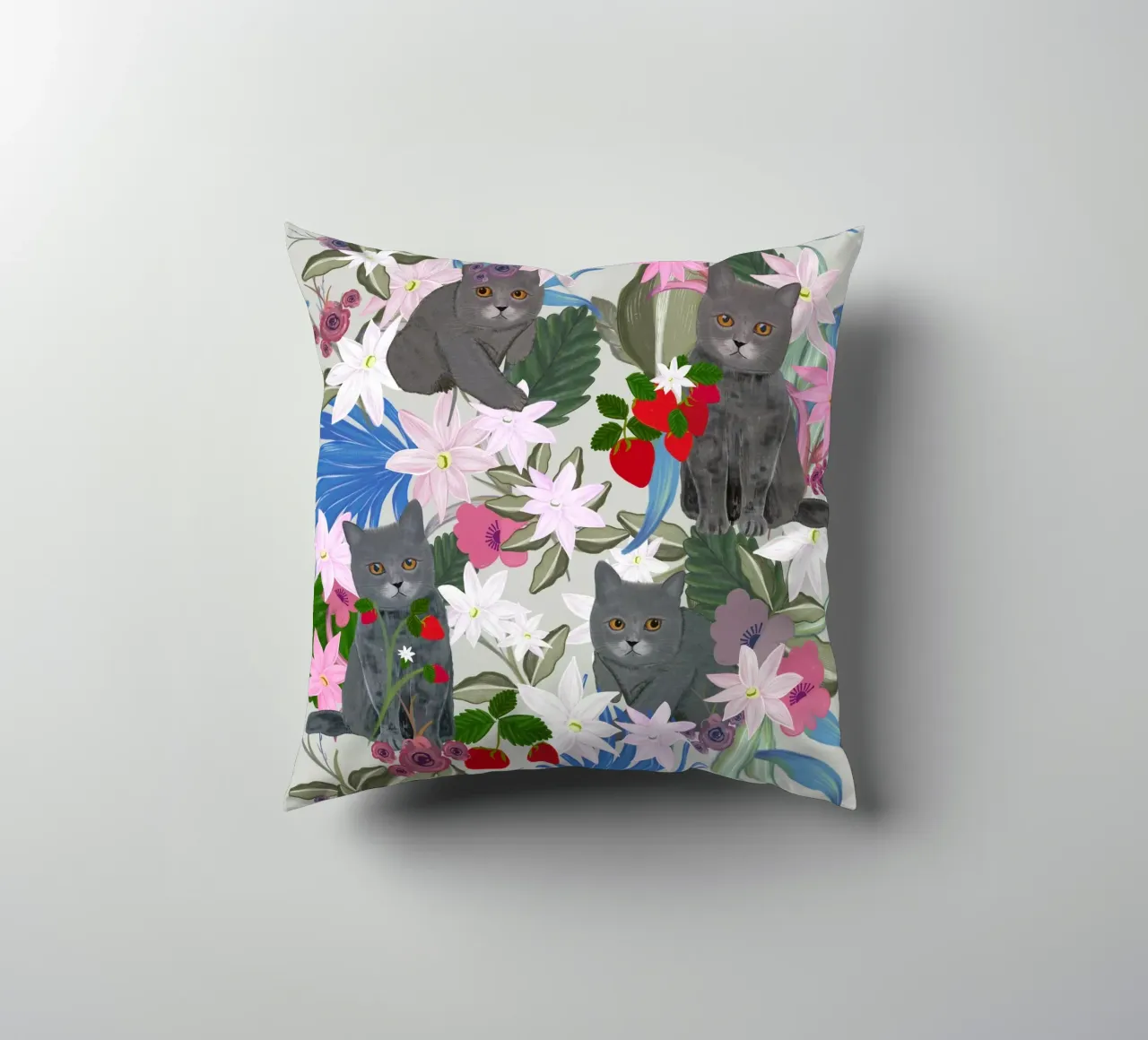 Gatto disegnato a mano con fragola e tropicale cuscino da gulsengunel