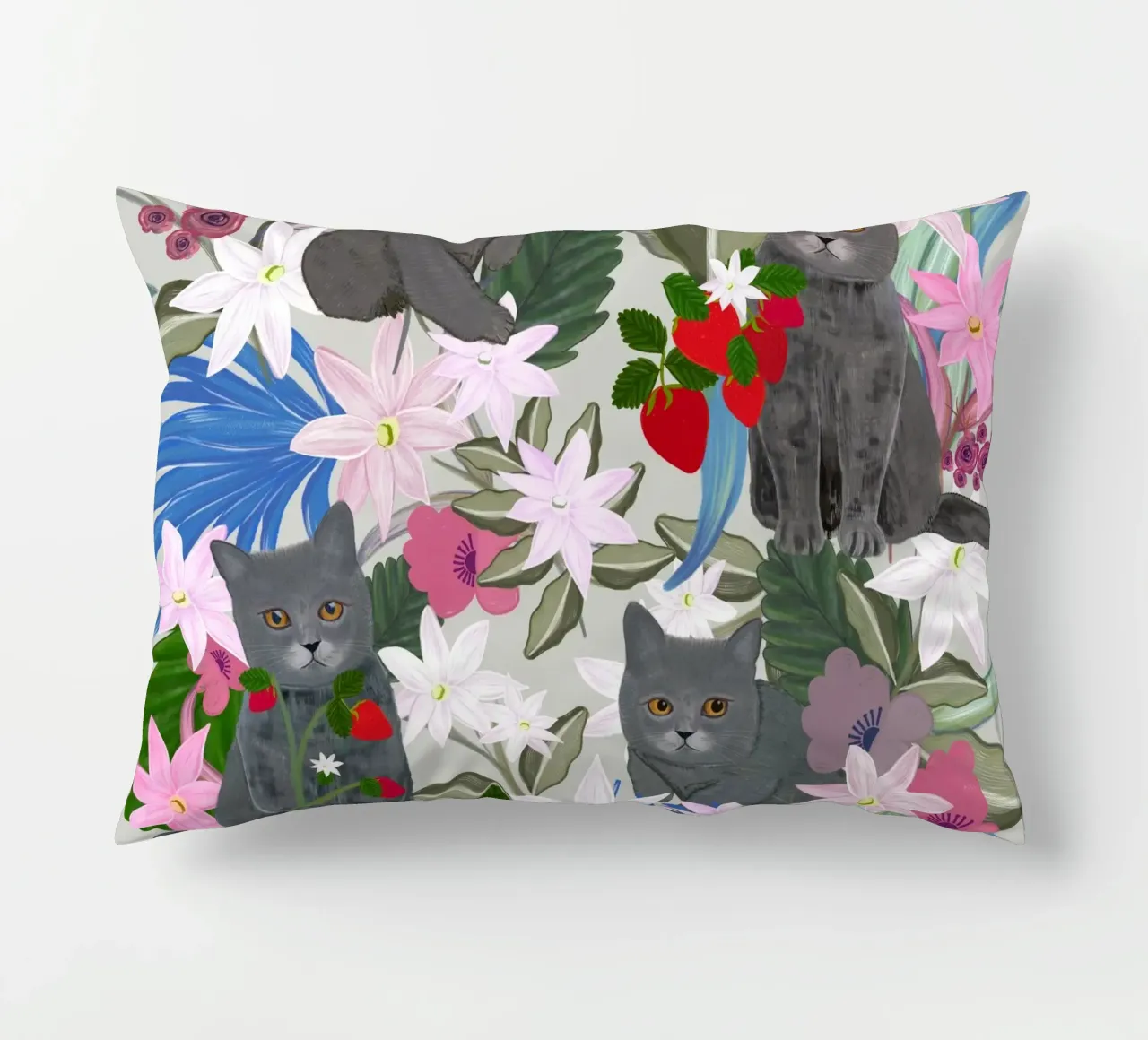 Gatto disegnato a mano con fragola e tropicale cuscino da gulsengunel