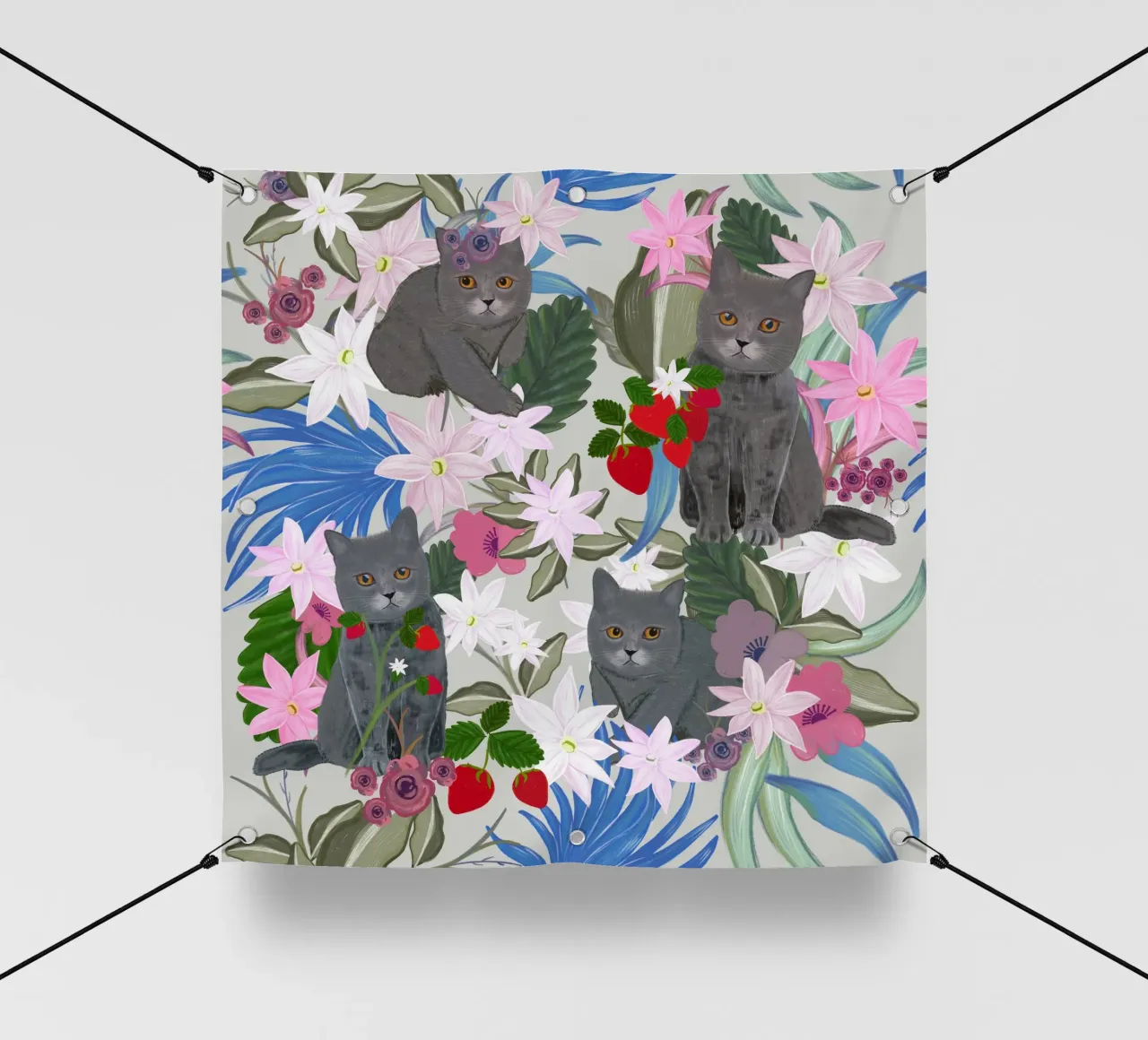 Gatto disegnato a mano con fragola e tropicale telo in pvc da gulsengunel