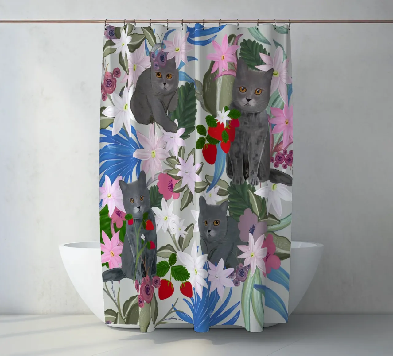 Gatto disegnato a mano con fragola e tropicale tenda da doccia da gulsengunel