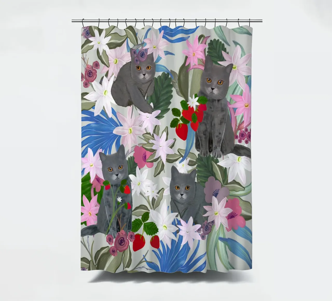 Gatto disegnato a mano con fragola e tropicale tenda da doccia da gulsengunel