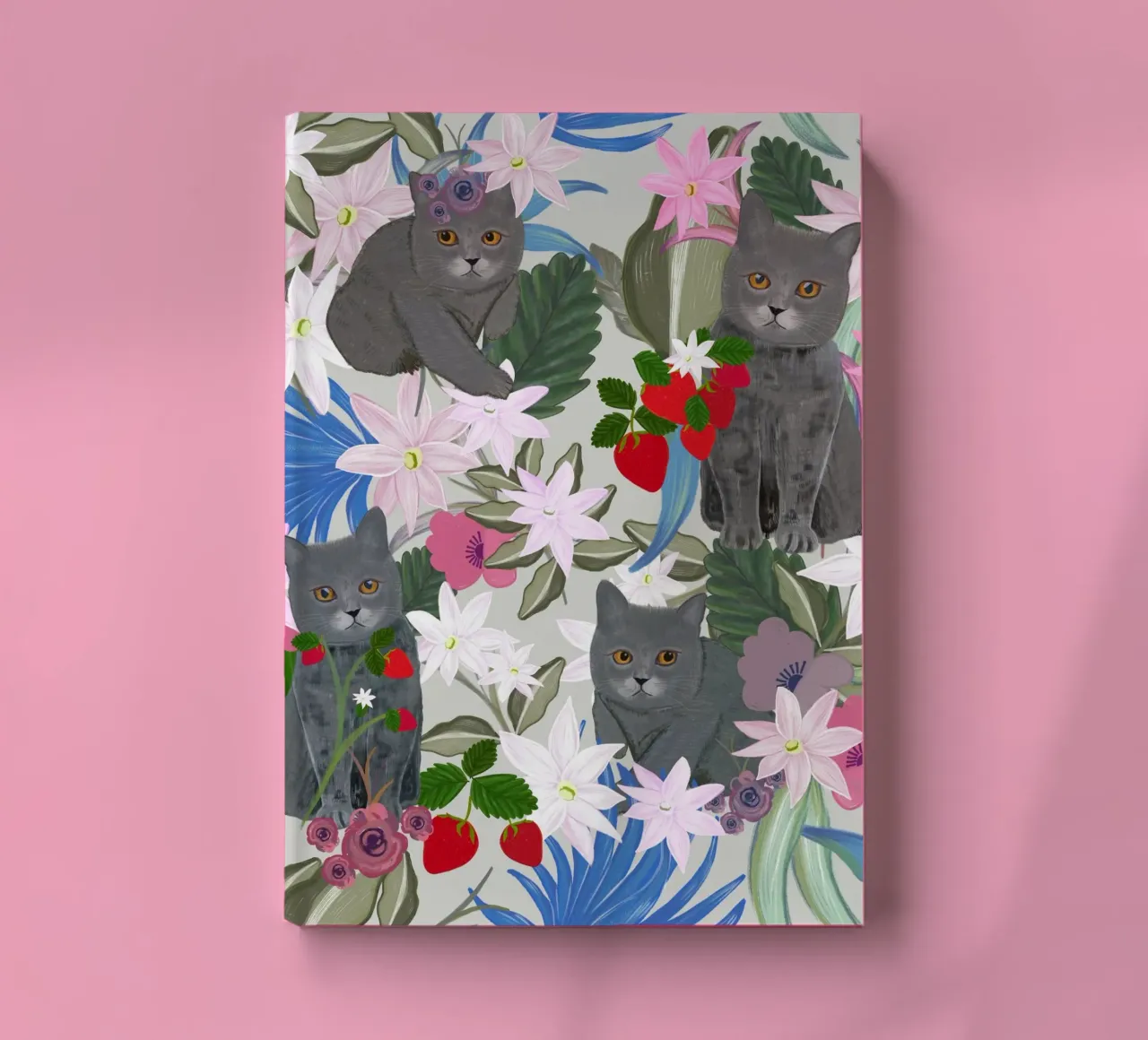 Hand drawn cat with strawberry and tropical notebook by gulsengunel