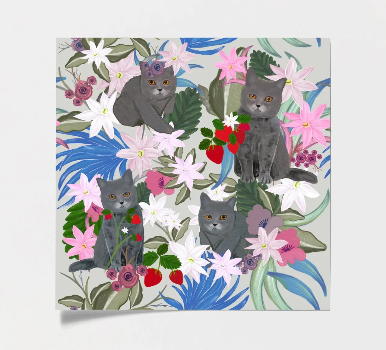 Hand drawn cat with strawberry and tropical sticker sheet by gulsengunel