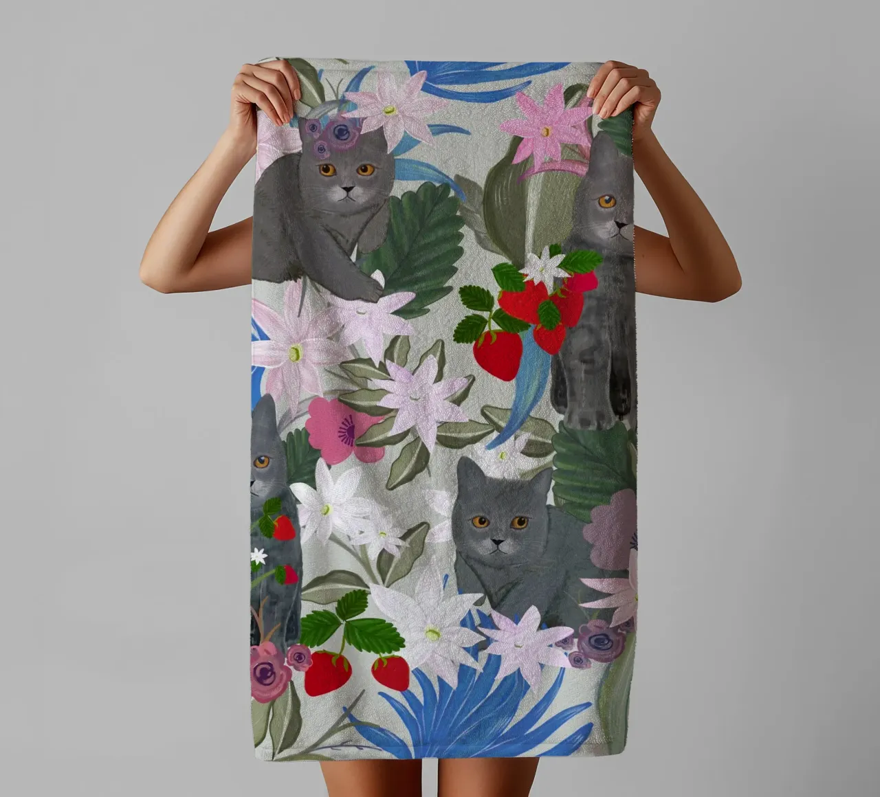 Gatto disegnato a mano con fragola e tropicale asciugamano da bagno da gulsengunel